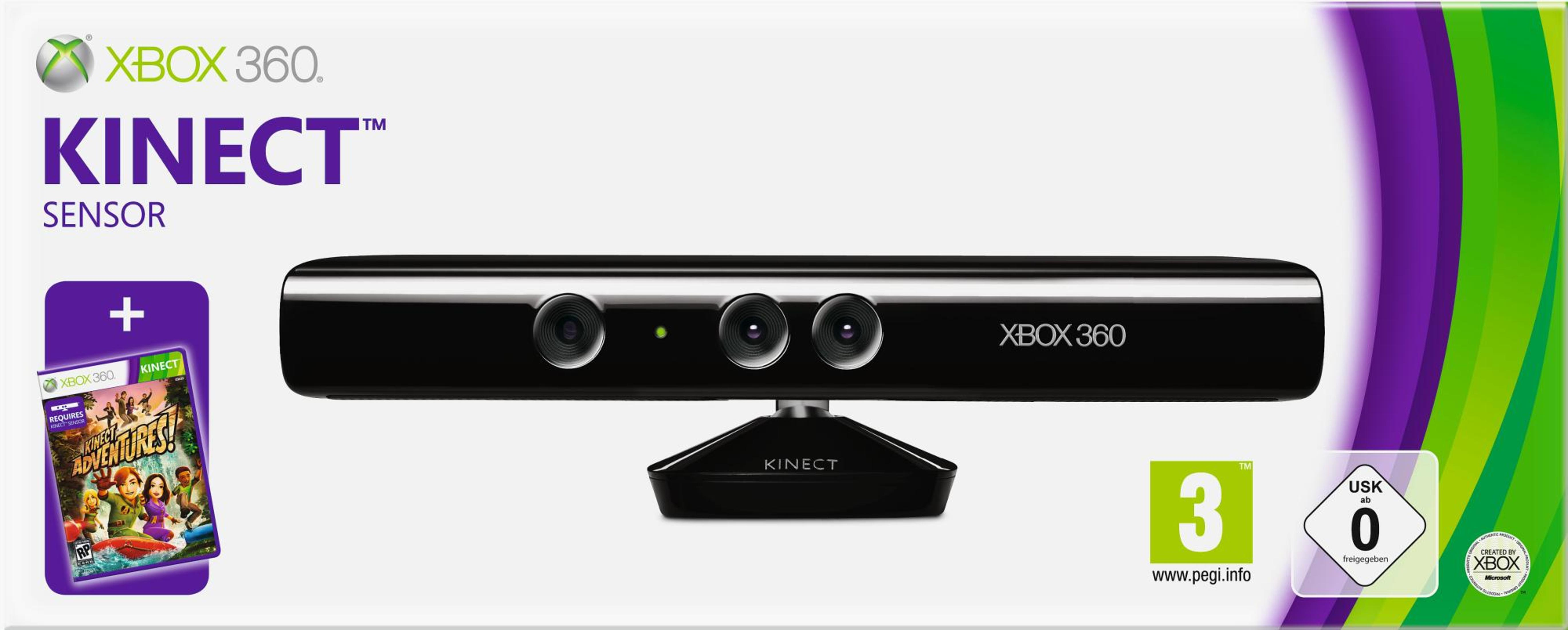 Box mit Xbox 360 Kinect Sensor und Spiel. Die Box ist weiß mit dem Kinect Sensor und Spiel auf der Vorderseite.