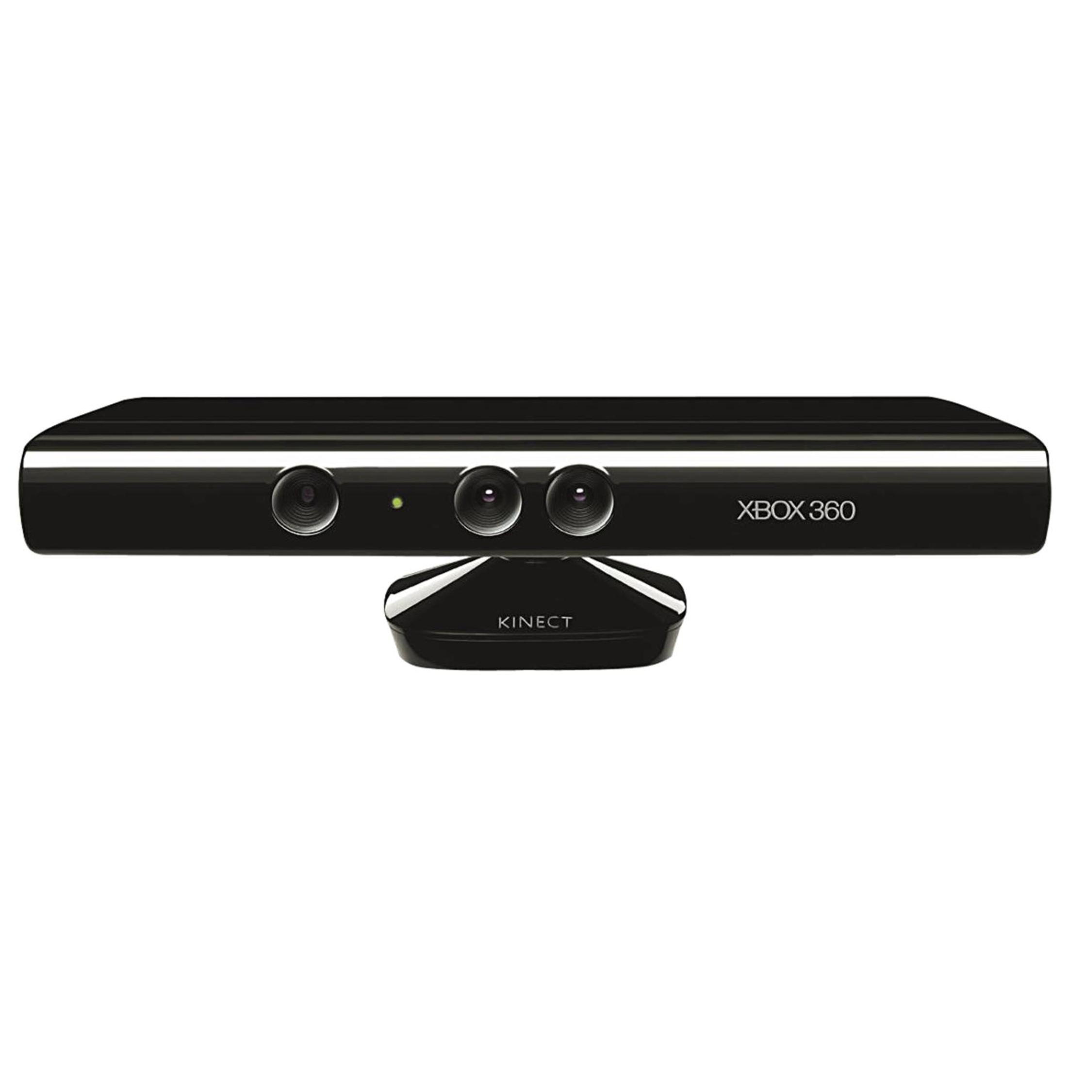 Xbox 360 Kinect Sensor. Schwarzes, rechteckiges Gerät mit drei Linsen und einem Ständer. Das Wort Kinect ist sichtbar.