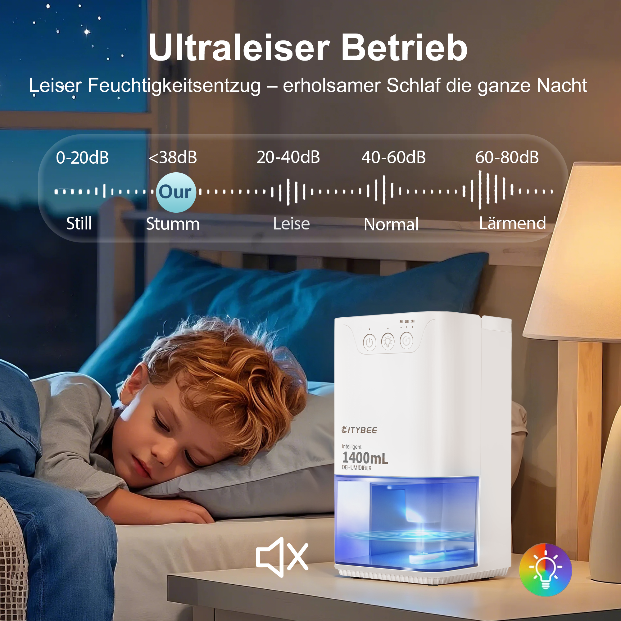 Chłopiec śpi obok nawilżacza. Tekst wskazuje na ultracichą pracę i wykres poziomu dźwięku.