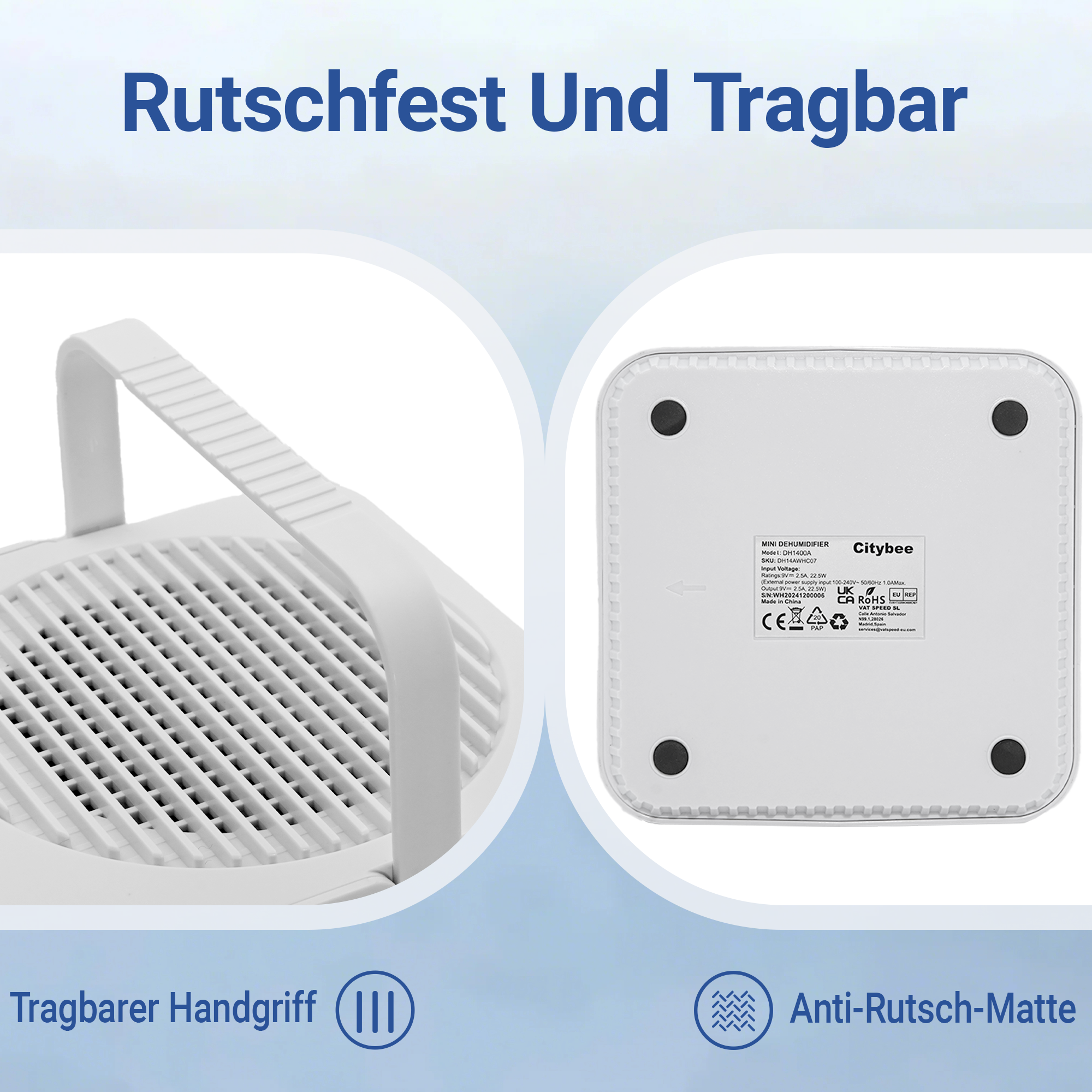 Biały oczyszczacz powietrza z uchwytem. Widok od dołu, pokazujący matę antypoślizgową i szczegóły techniczne.