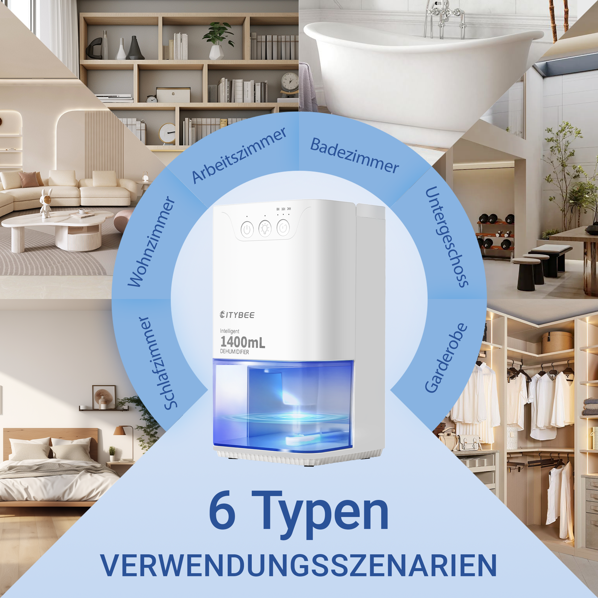 Osuszacz otoczony jest obrazami przedstawiającymi różne pomieszczenia: sypialnię, łazienkę itp. oraz tekstem.