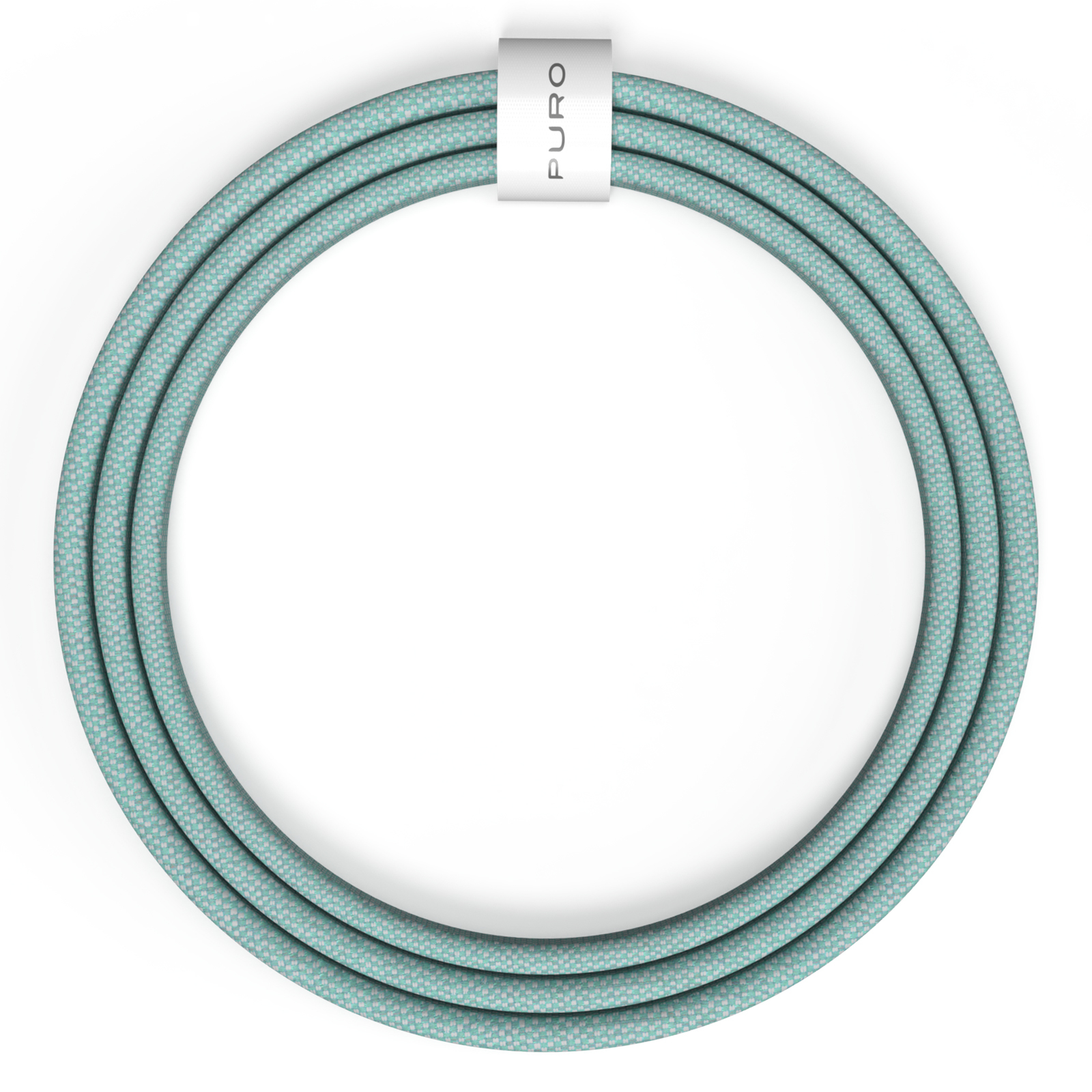 Zwinięty kabel USB-C w jasnoniebieskiej tkaninie z białym paskiem z nazwą marki PURO.