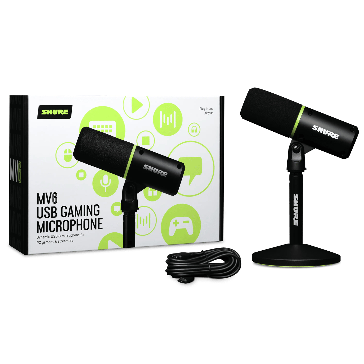 Mikrofon do gier USB Shure MV6 z pudełkiem, mikrofon na stojaku i kablem, wszystko na białym tle.