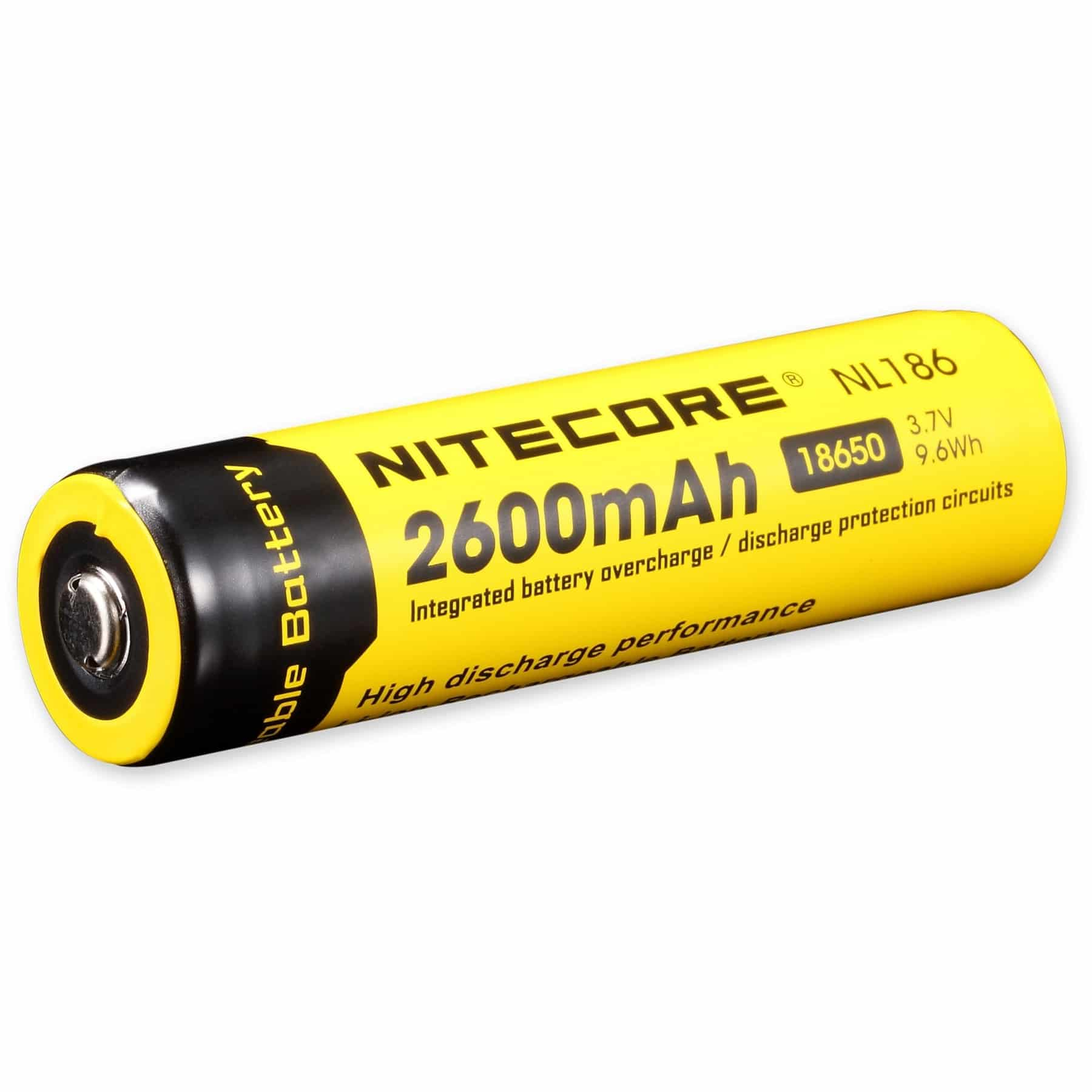 Żółty akumulator Nitecore 18650, z czarnym tekstem i etykietą.