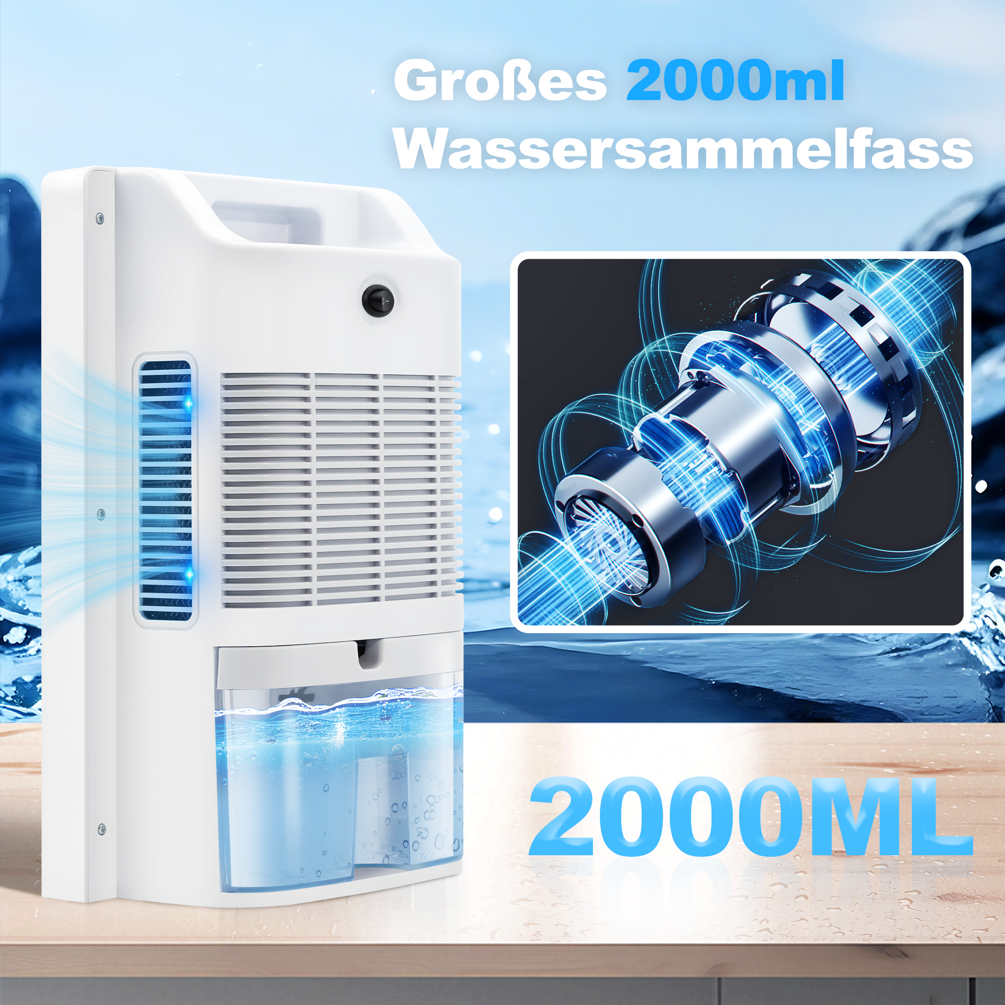 Biały osuszacz powietrza z niebieskim zbiornikiem na wodę. Duży tekst mówi 2000ML.