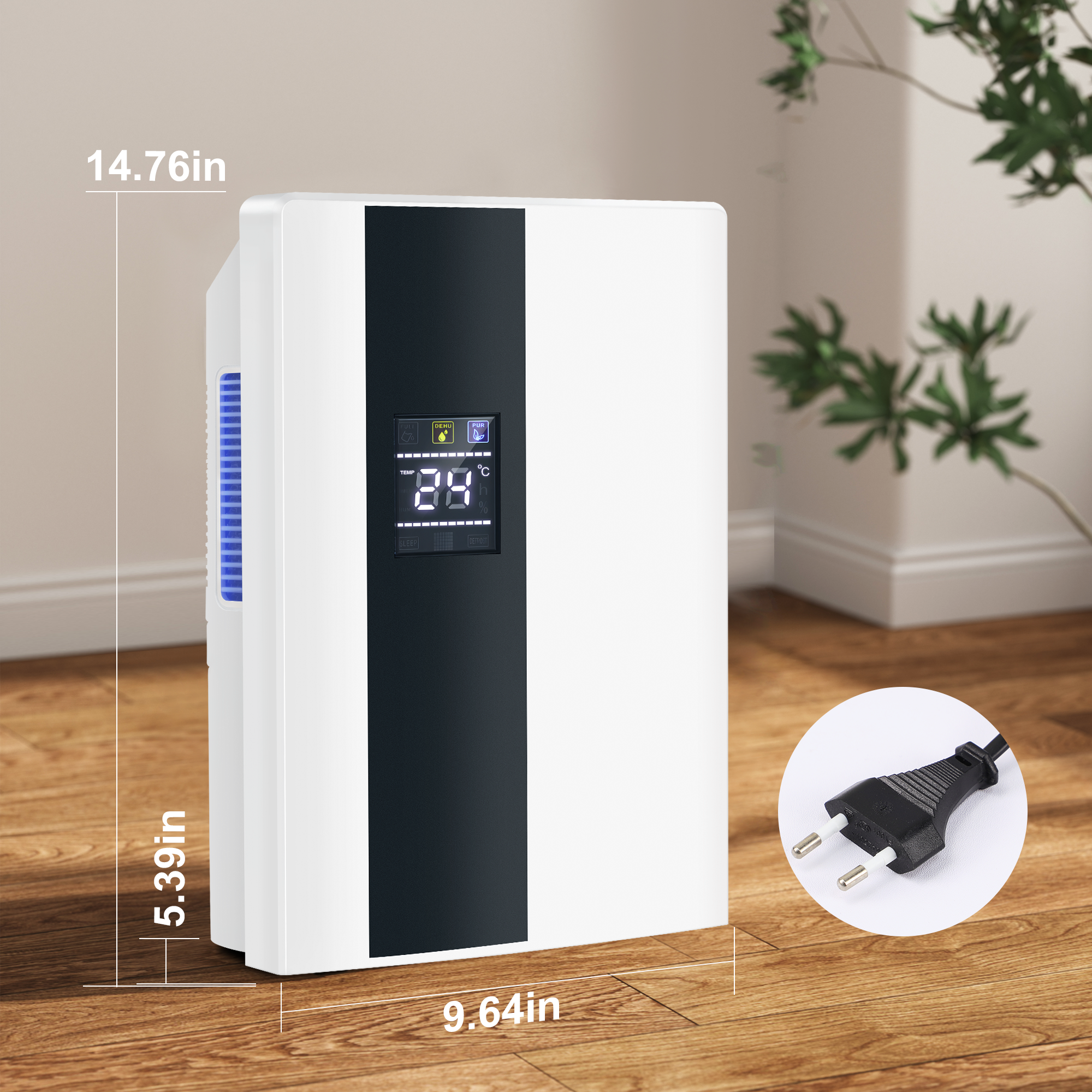 Biało-czarny osuszacz powietrza z cyfrowym wyświetlaczem pokazującym 24. Stoi na drewnianej podłodze.