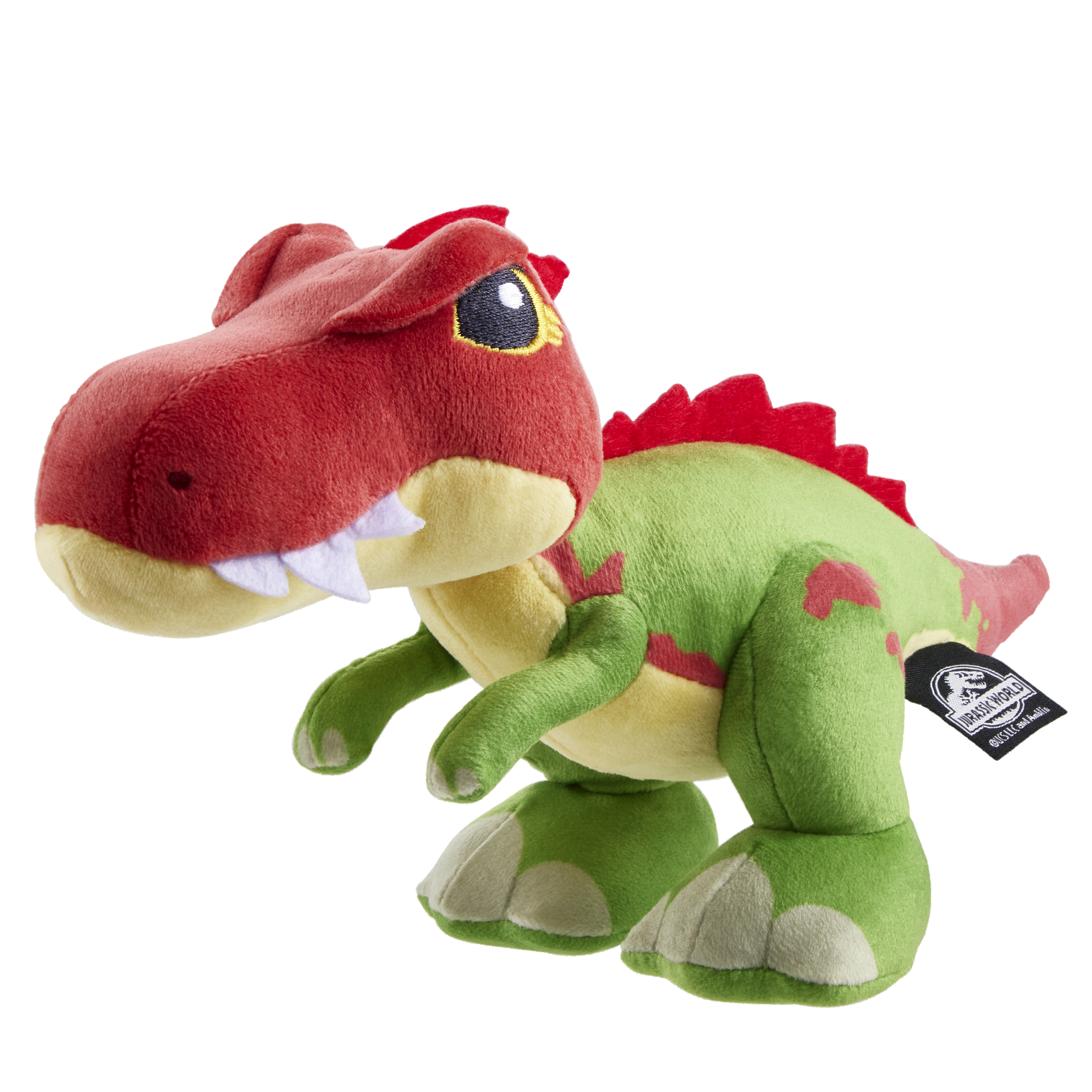 Giocattolo dinosauro di peluche verde e rosso con etichetta. Il dinosauro cammina verso sinistra.