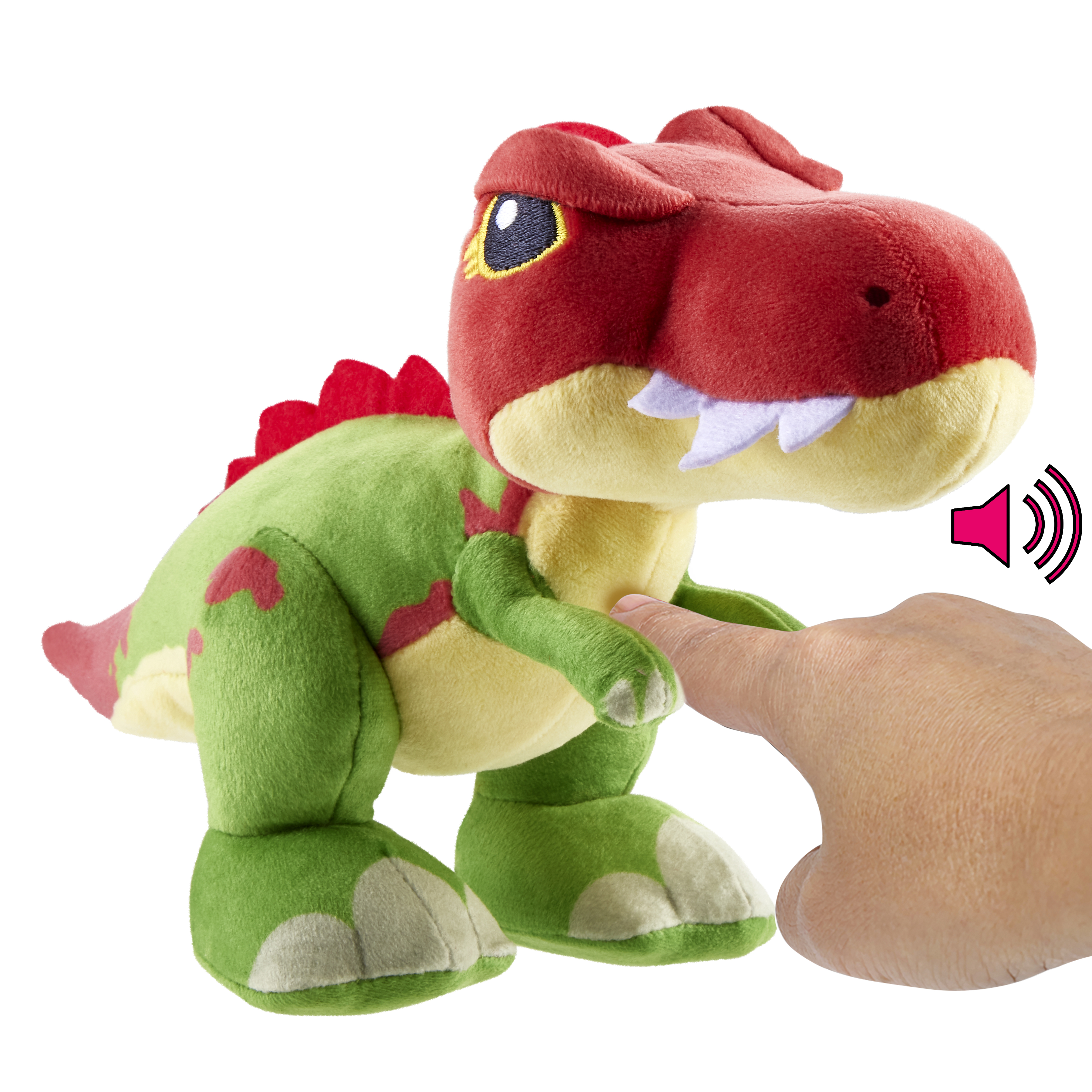 Giocattolo dinosauro di peluche verde e rosso con mano che indica. Icona onda sonora suggerisce rumore.