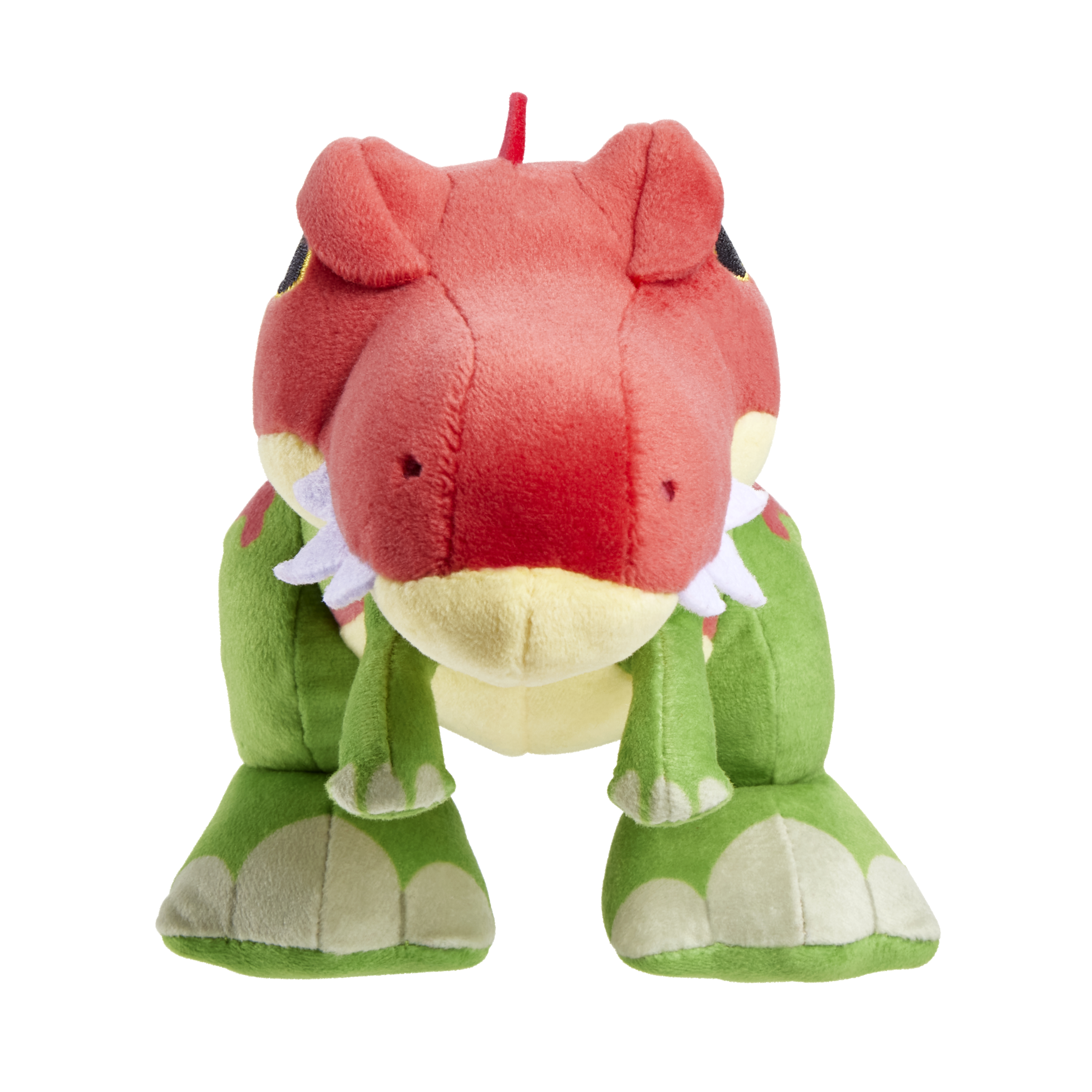 Un giocattolo di dinosauro di peluche con testa e schiena rosse, corpo verde e sfondo bianco.