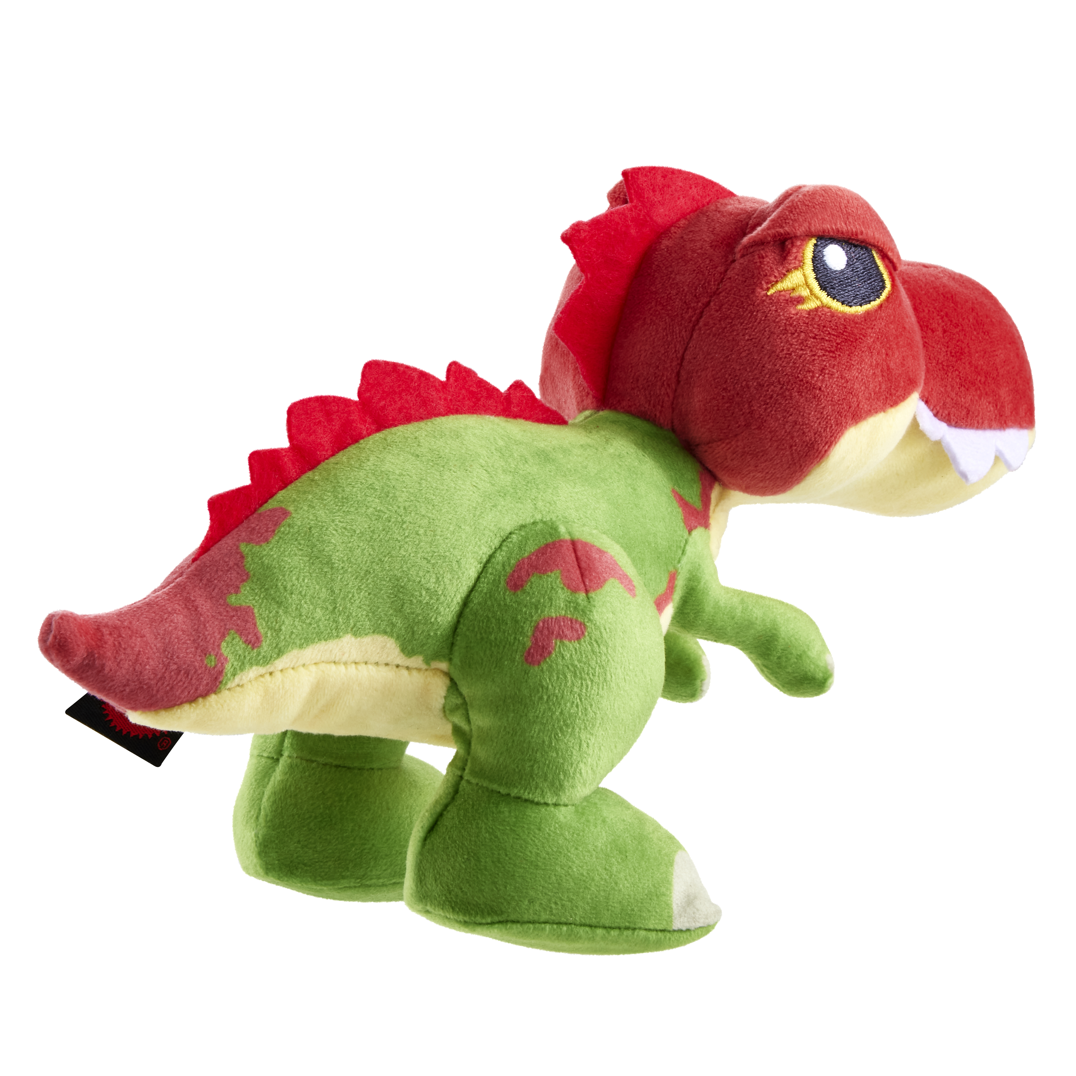 Giocattolo dinosauro di peluche verde e rosso. Il dinosauro cammina verso destra.
