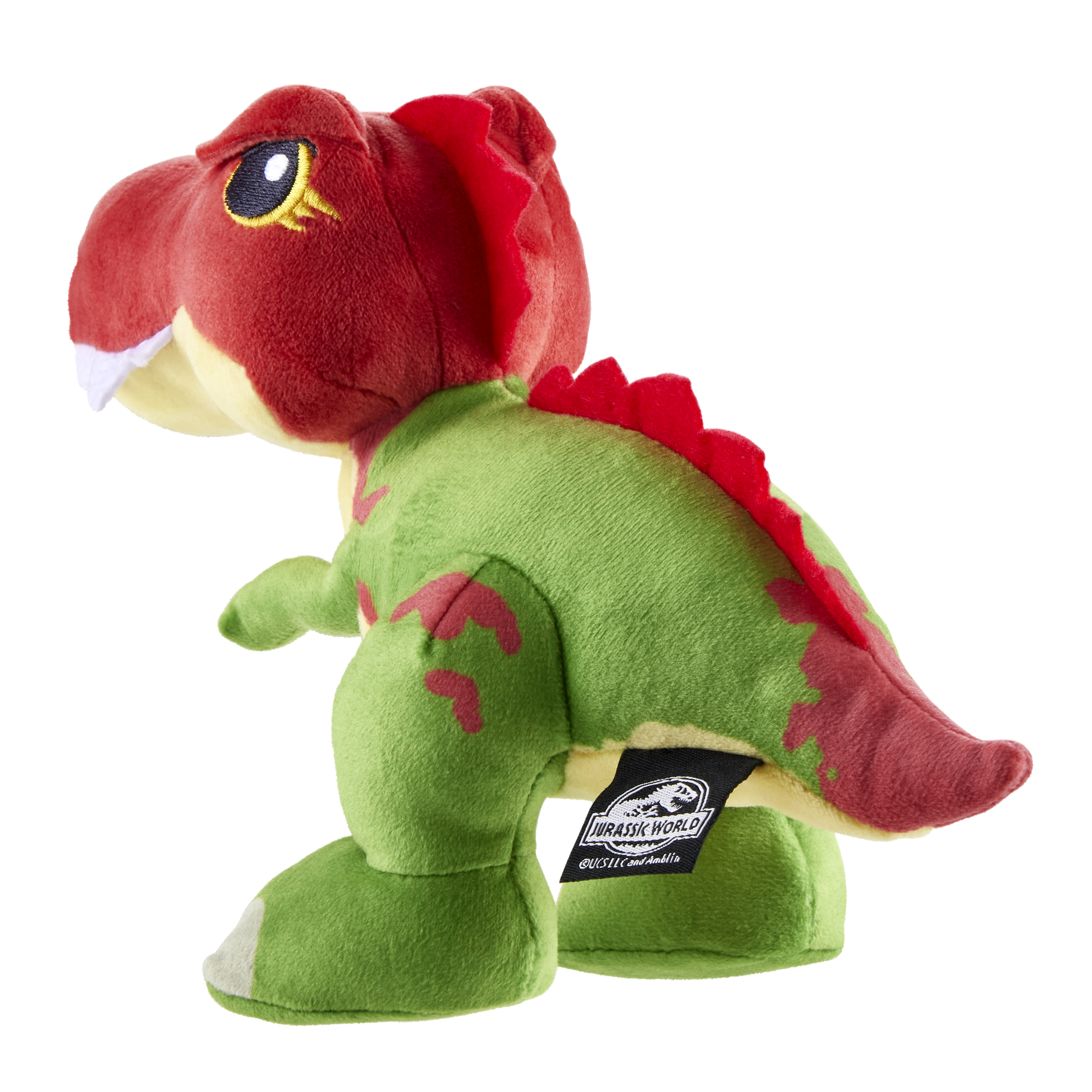Un giocattolo di dinosauro di peluche con testa rossa, corpo verde ed etichetta nera.