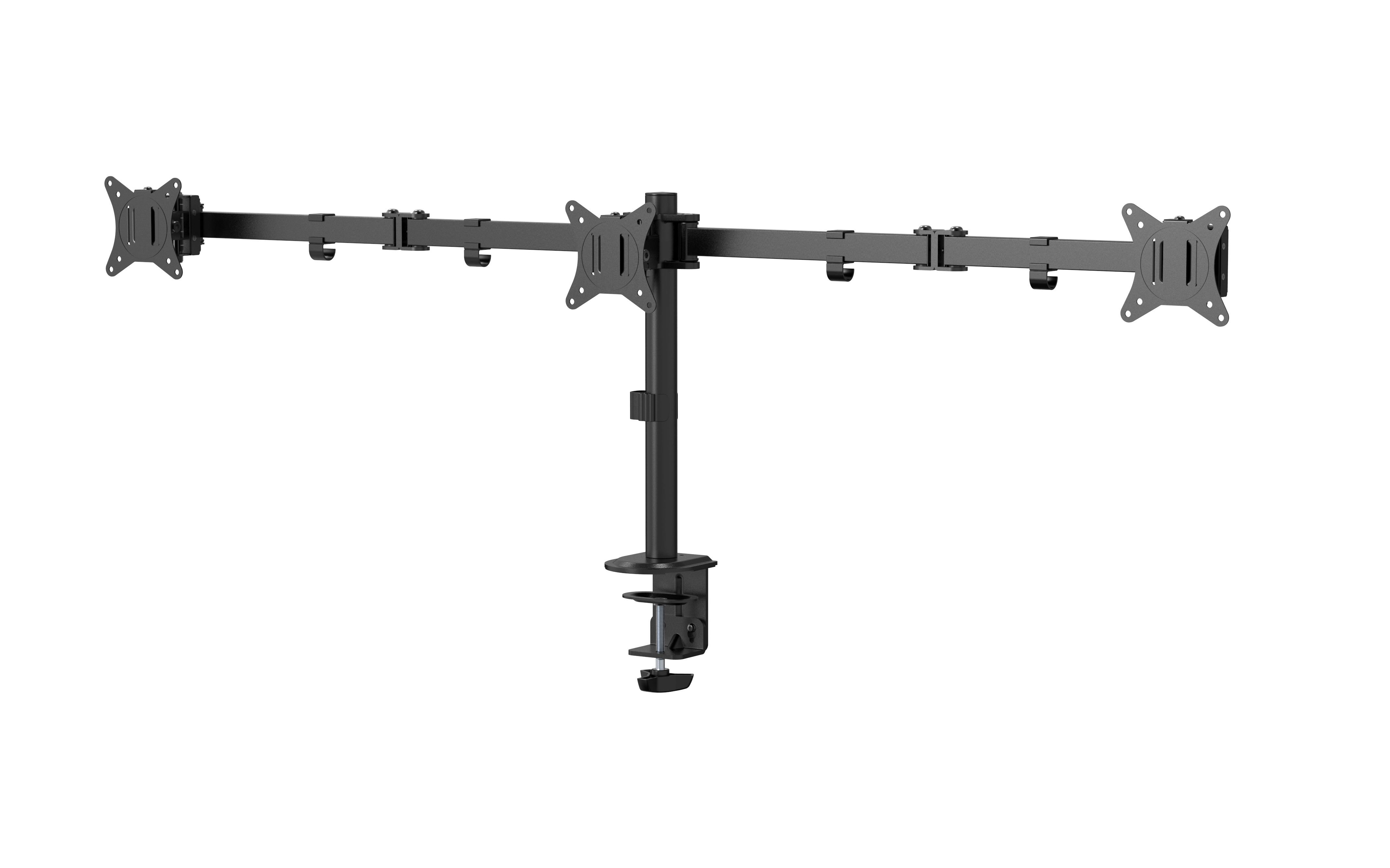 Czarny uchwyt do monitora do trzech ekranów. Posiada podstawę zaciskową do biurka i regulowane przeguby.