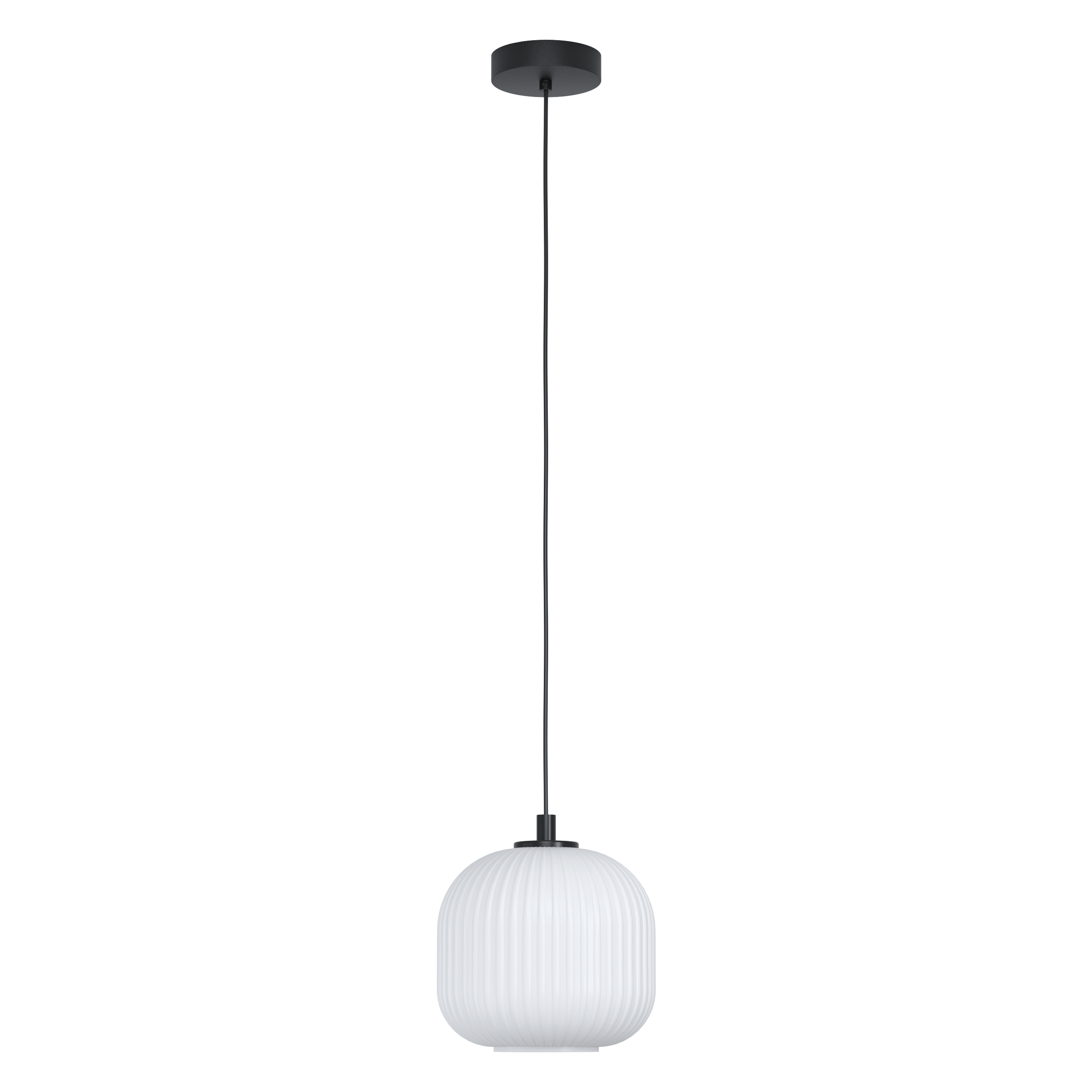 Lampada a sospensione con paralume ovale bianco, a coste e cavo nero.