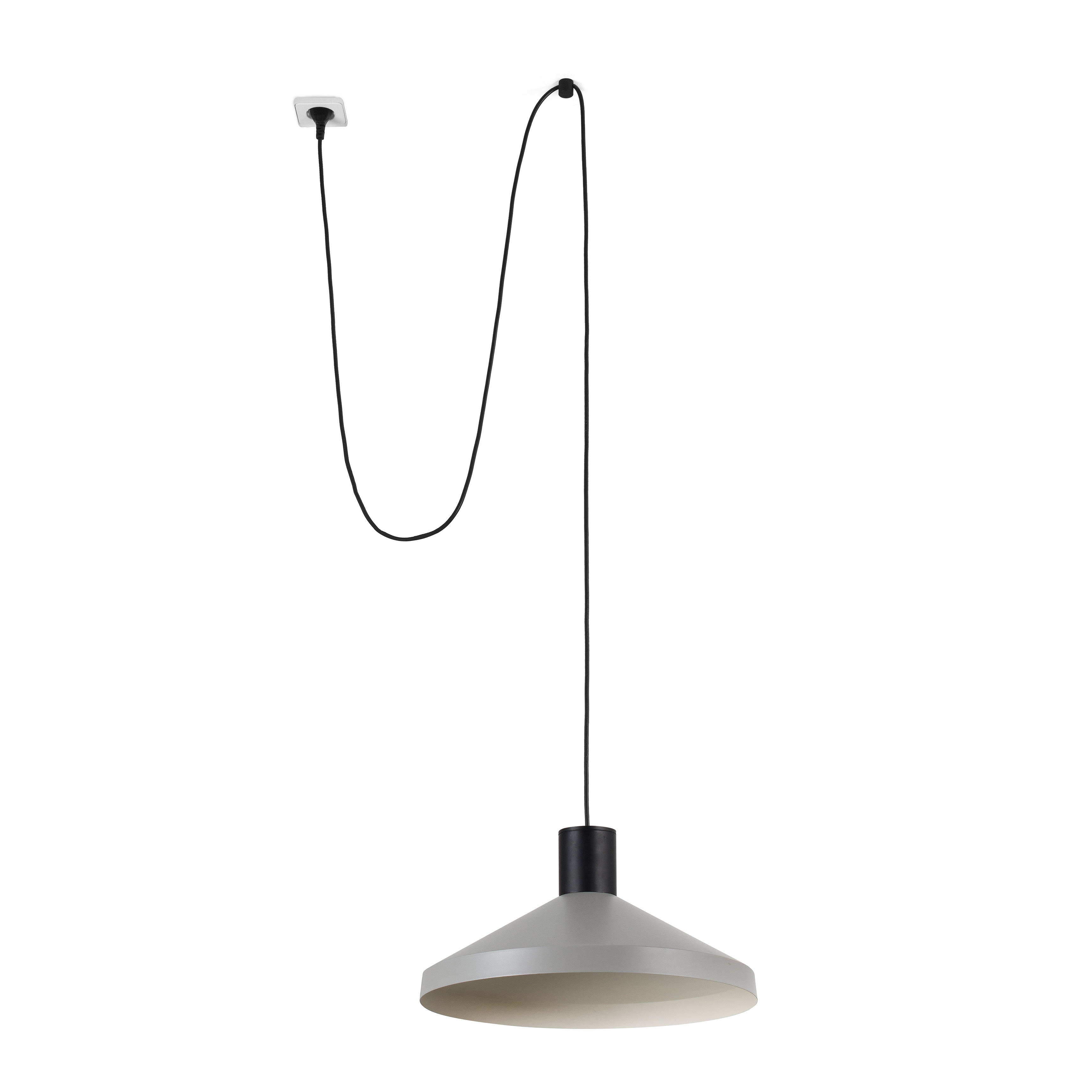Lampada a sospensione con paralume grigio e cavo nero.