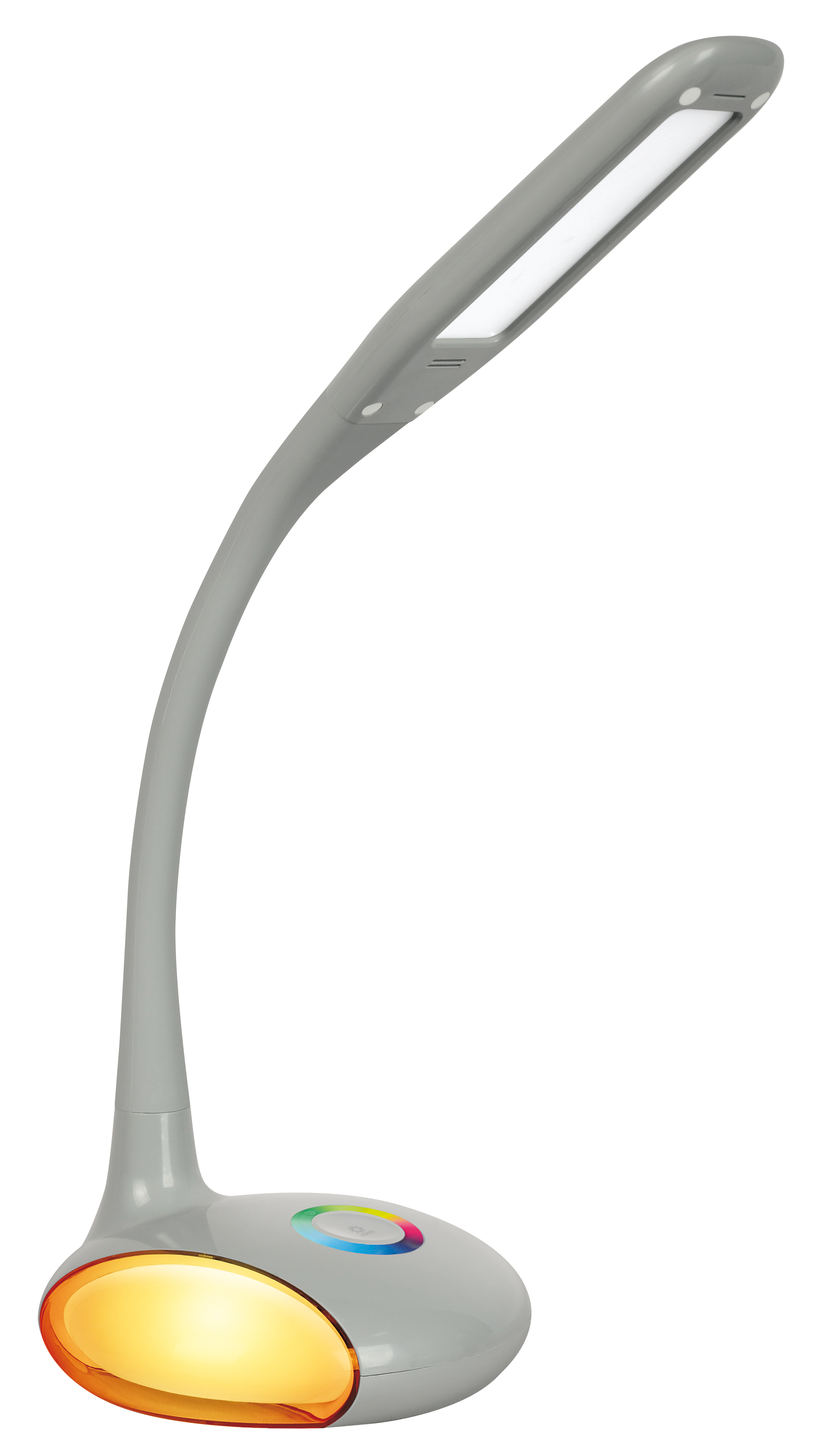 Lampada da scrivania grigia con collo curvo e luce LED. Base con luci arancioni e cangianti.