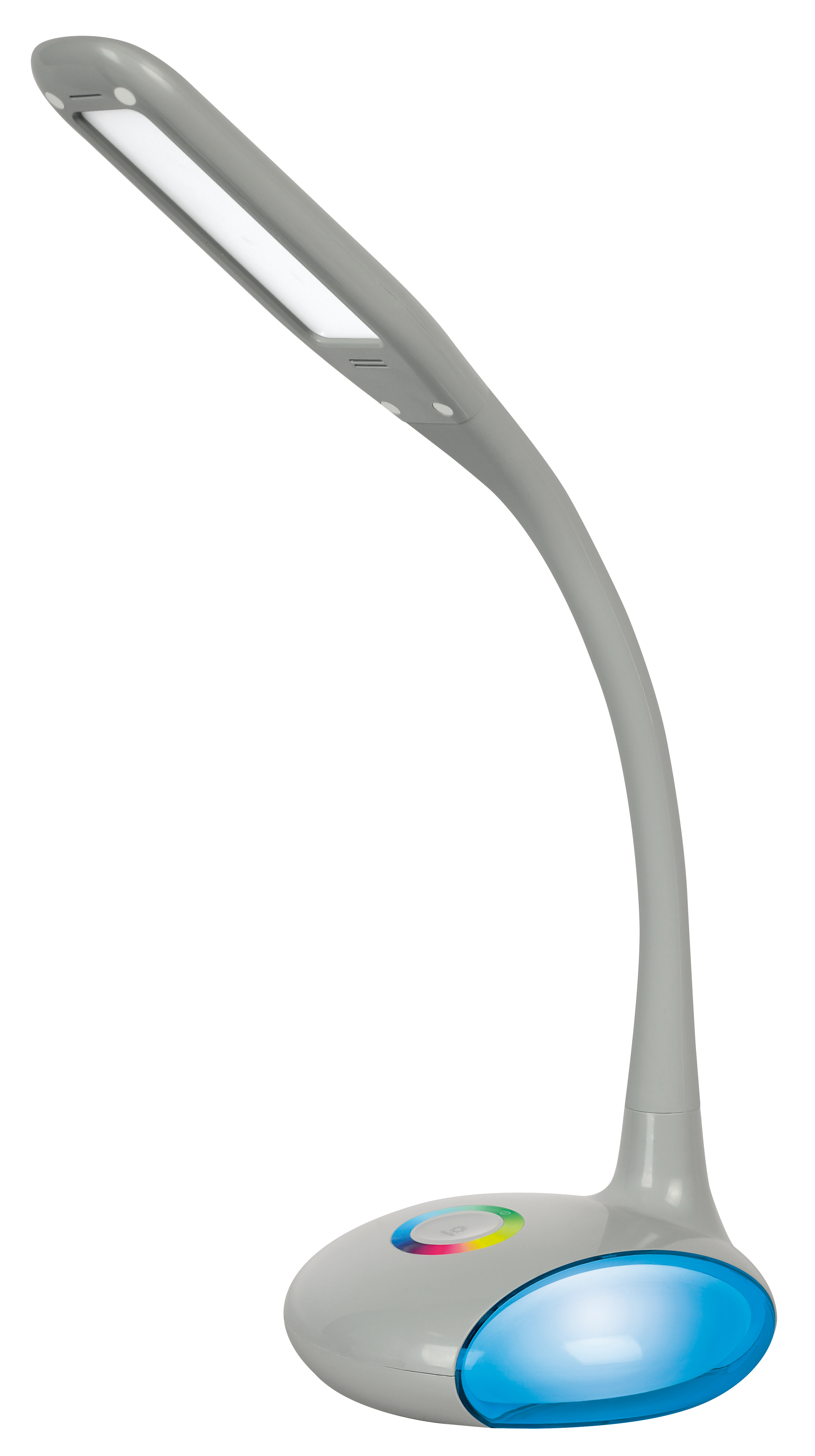 Lampada da scrivania grigia con collo curvo e luce LED. Base con luci blu e cangianti.