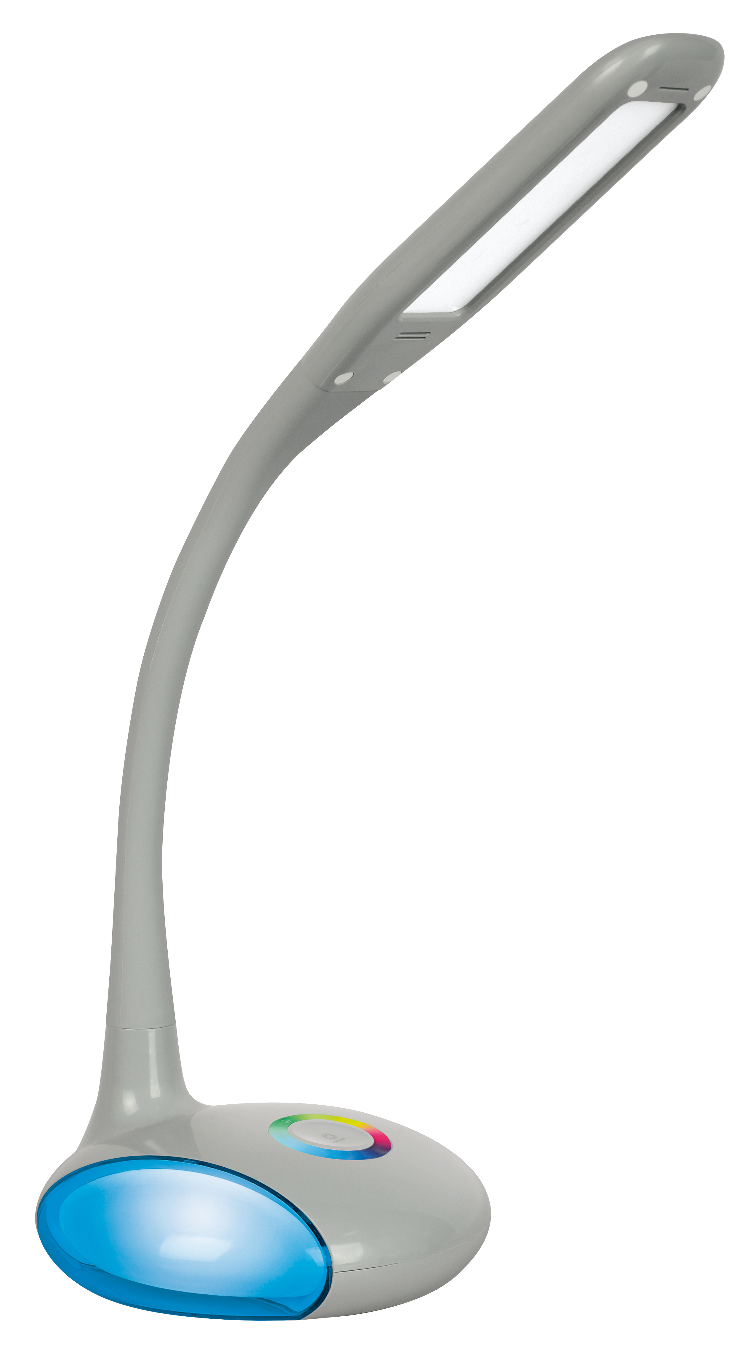 Lampada da scrivania grigia con collo curvo e luce LED. Base con luci cangianti.