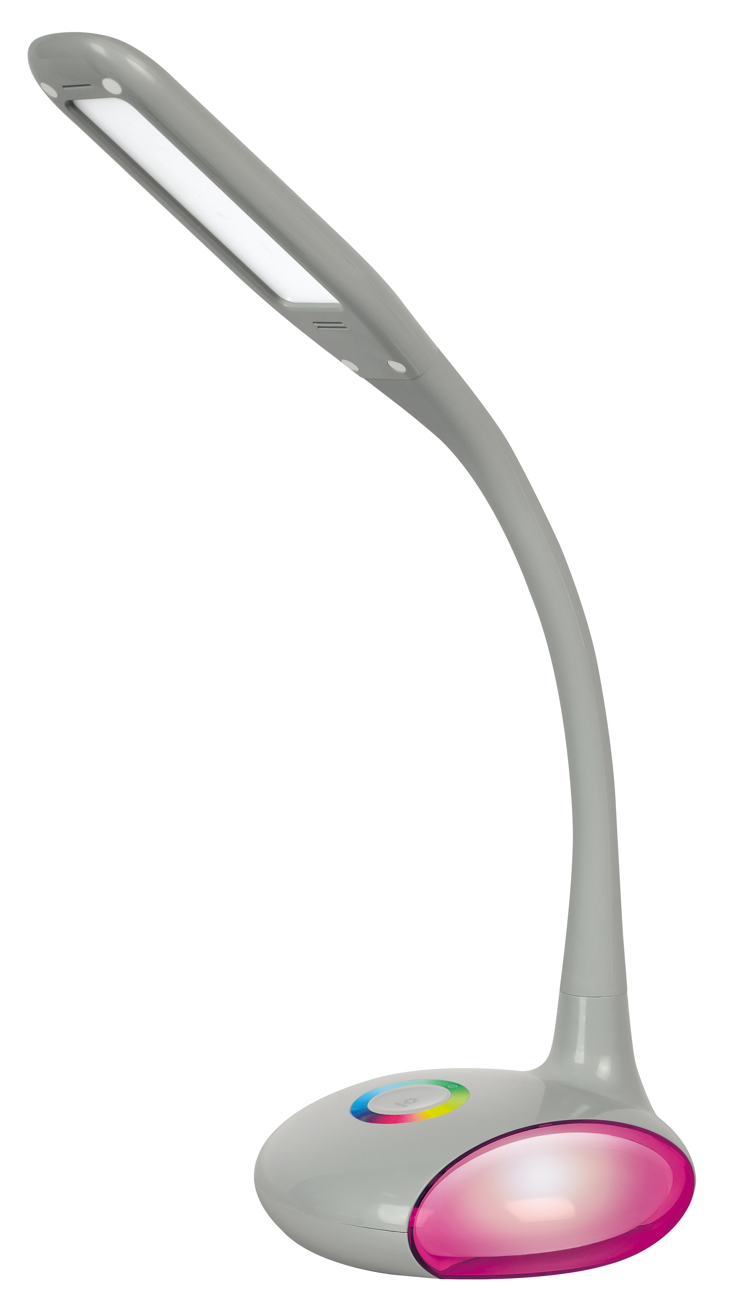 Una lampada da scrivania grigia con collo flessibile e base colorata.