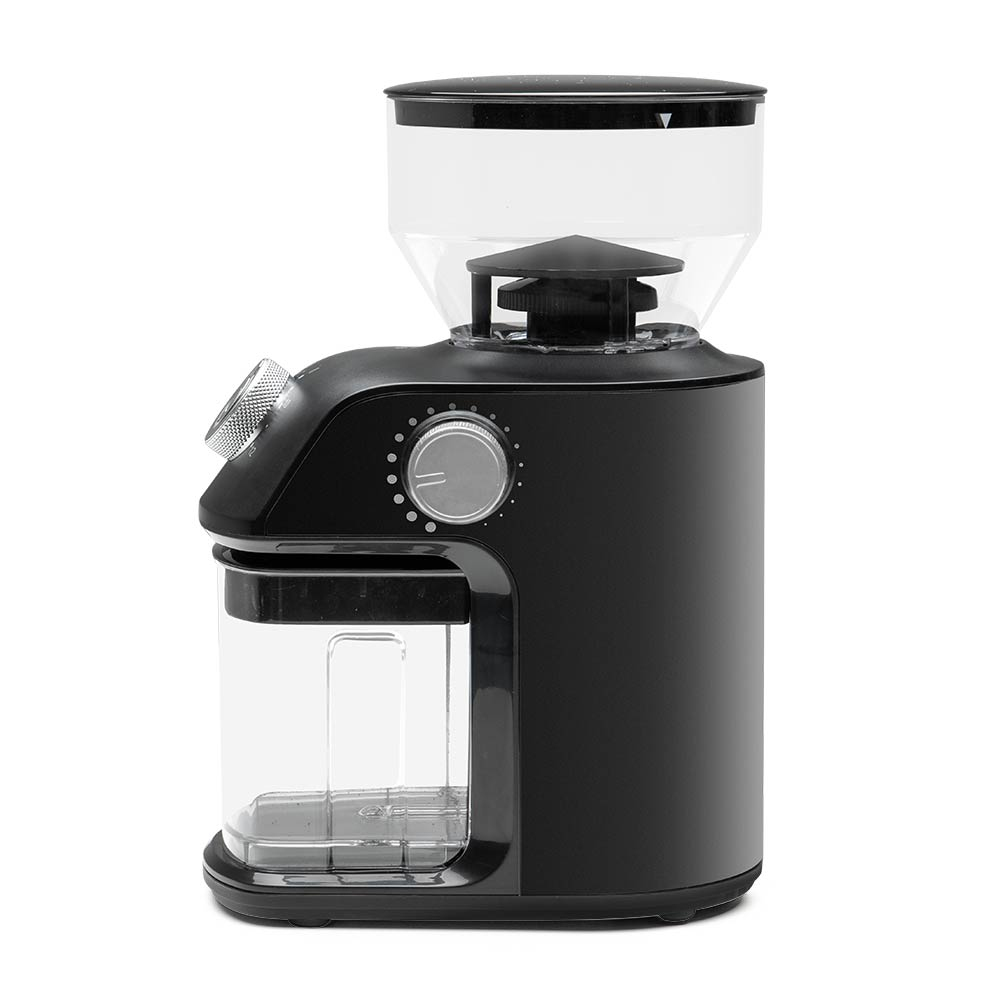 Czarny młynek do kawy z przezroczystym pojemnikiem na ziarna i pokrętłem z numerami.