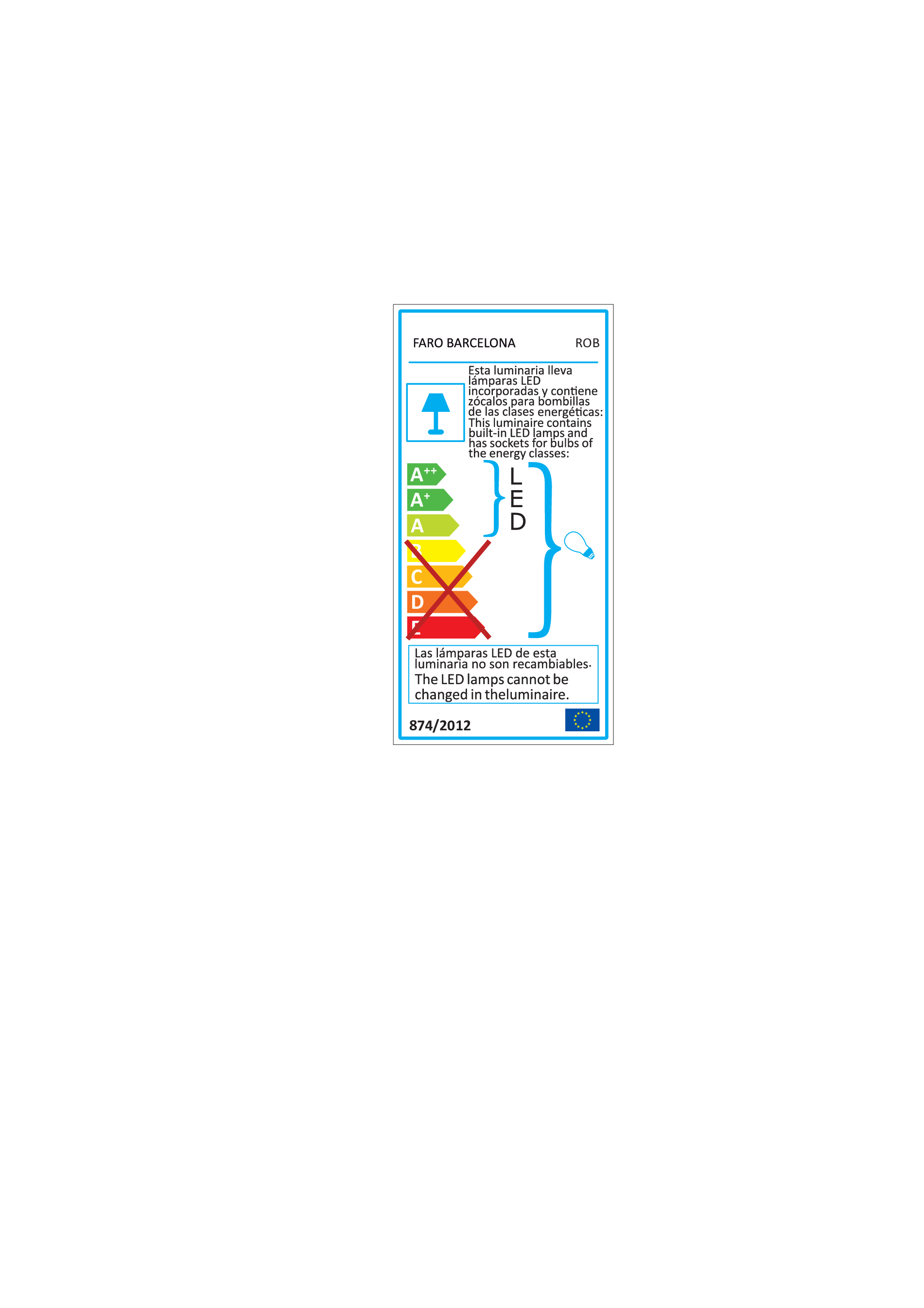 Etichetta con classi di efficienza energetica per luci LED. Testo multilingue.