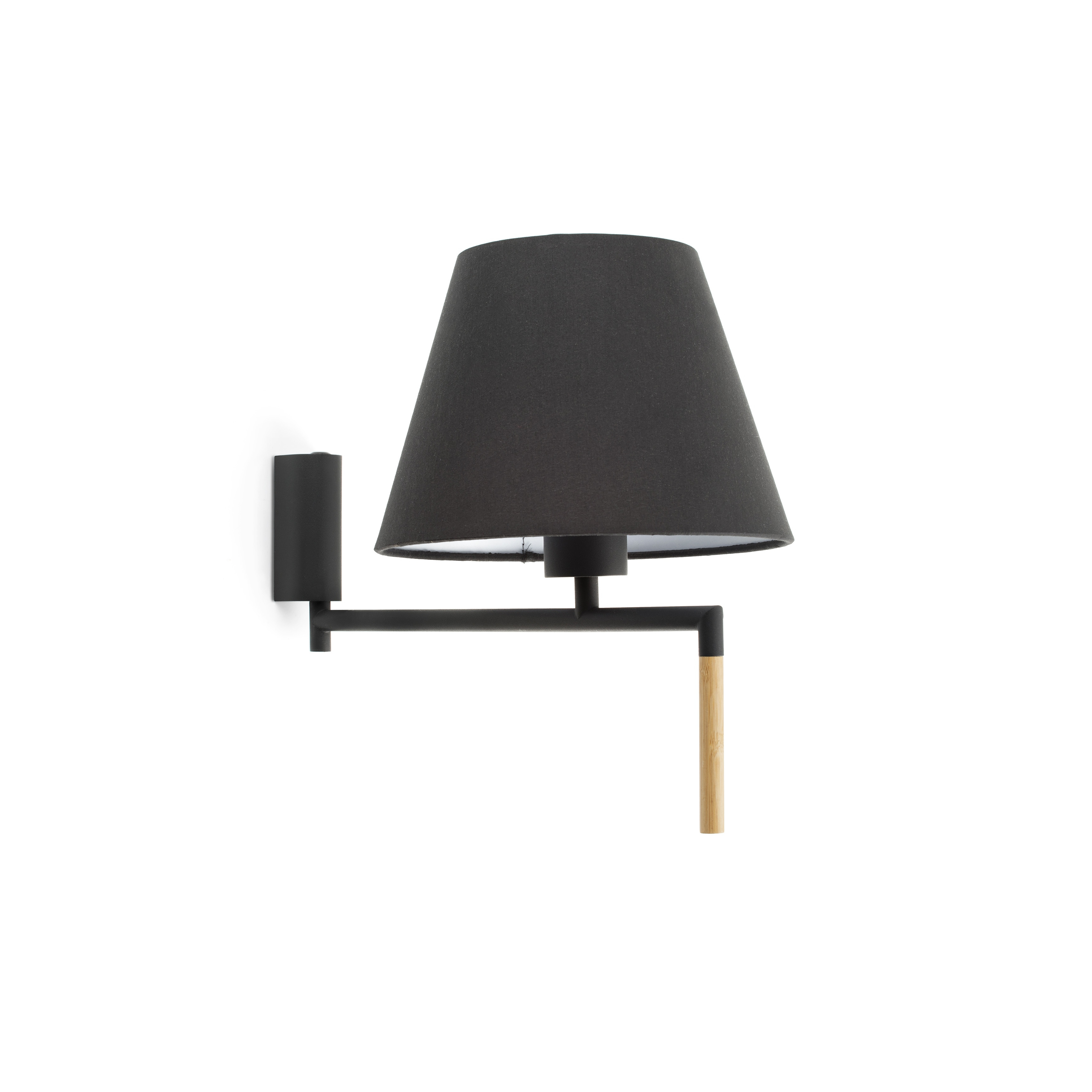 Lampada da parete nera con paralume nero e manico in legno.