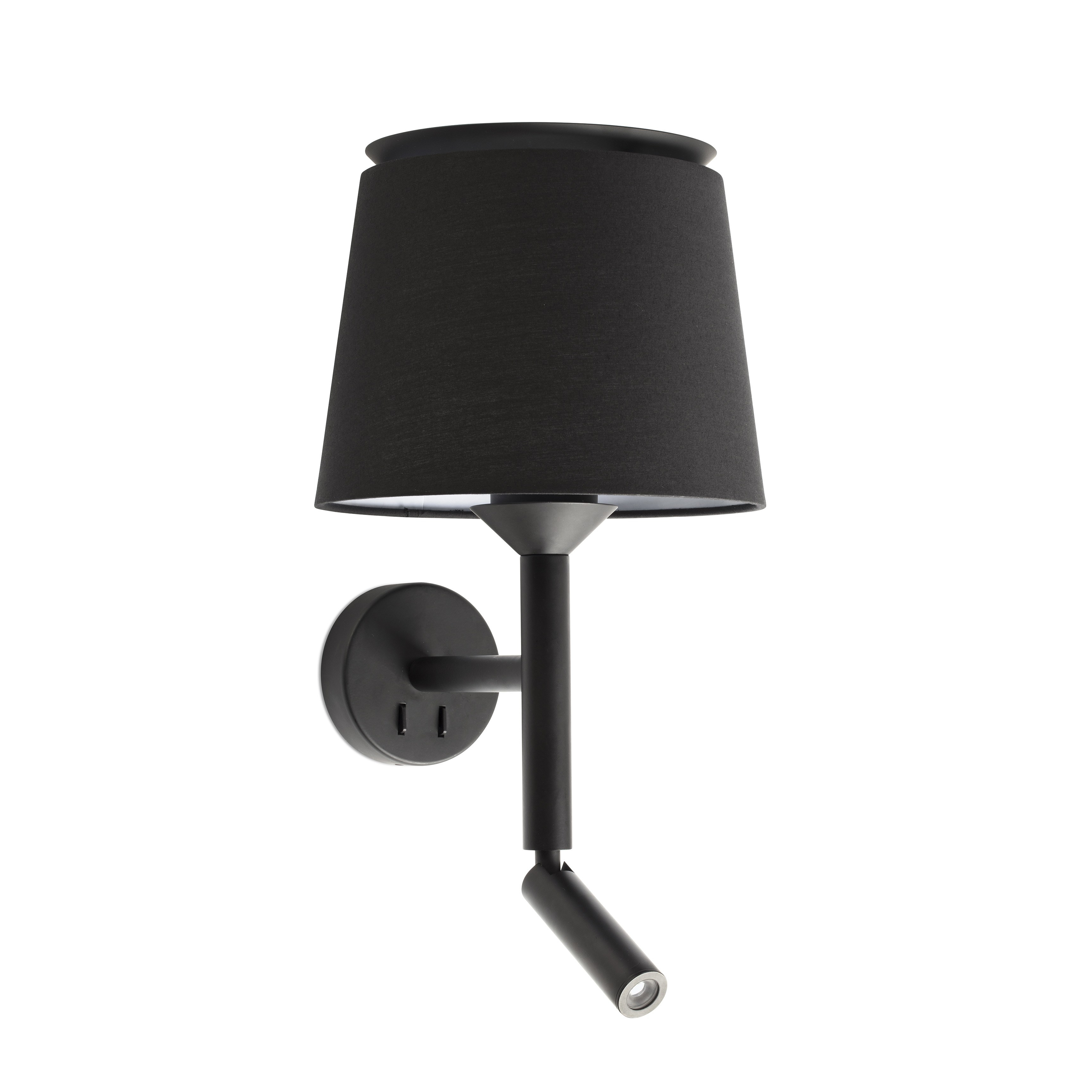 Una lampada da parete nera con paralume e luce di lettura regolabile.