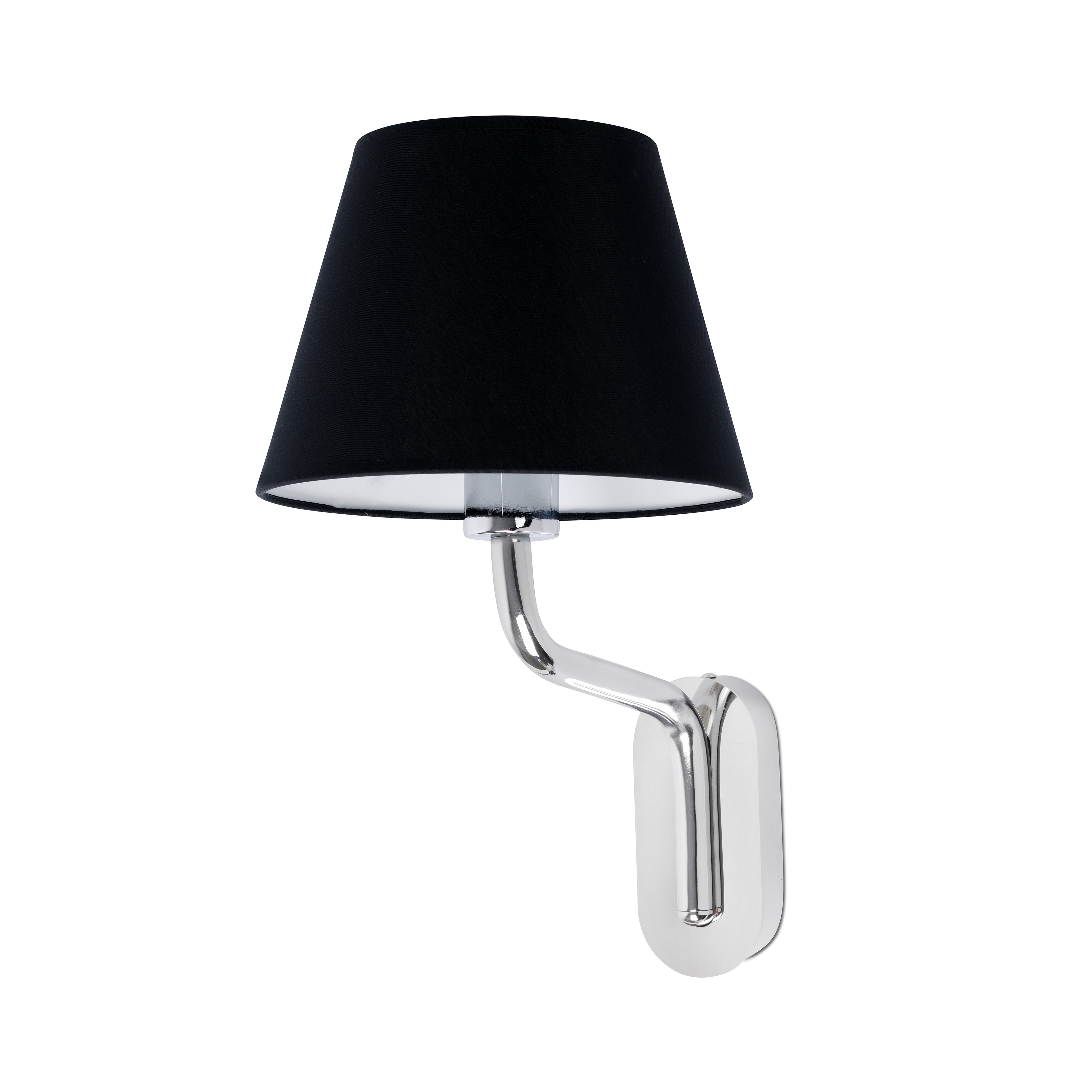 Una lampada da parete argentata con paralume nero, su sfondo bianco.