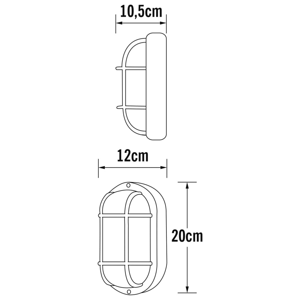 Diagramm mit Abmessungen einer Außenlampe: 12 cm x 20 cm, mit Seitenansicht.