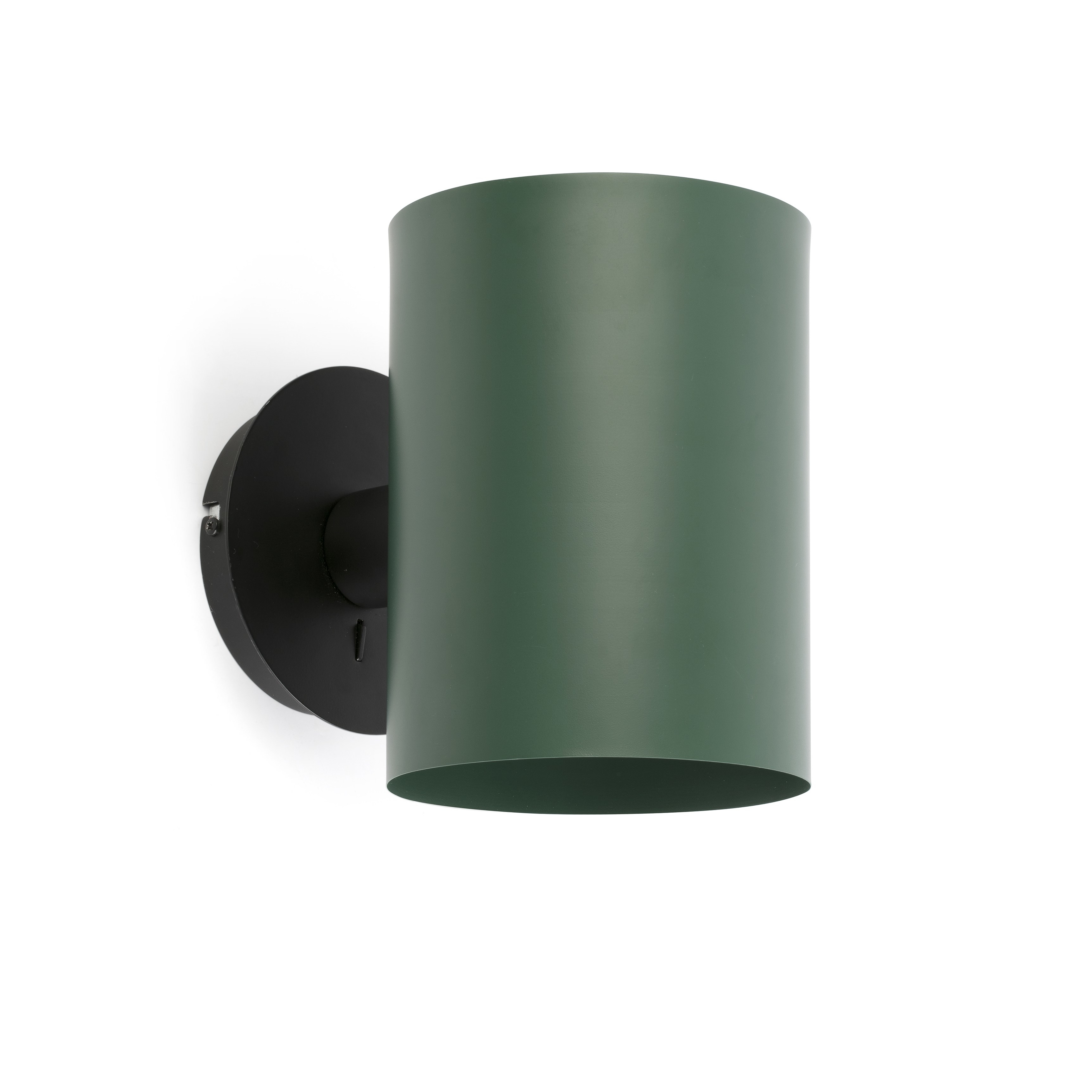 Lampada da parete cilindrica verde con supporto nero su sfondo bianco.