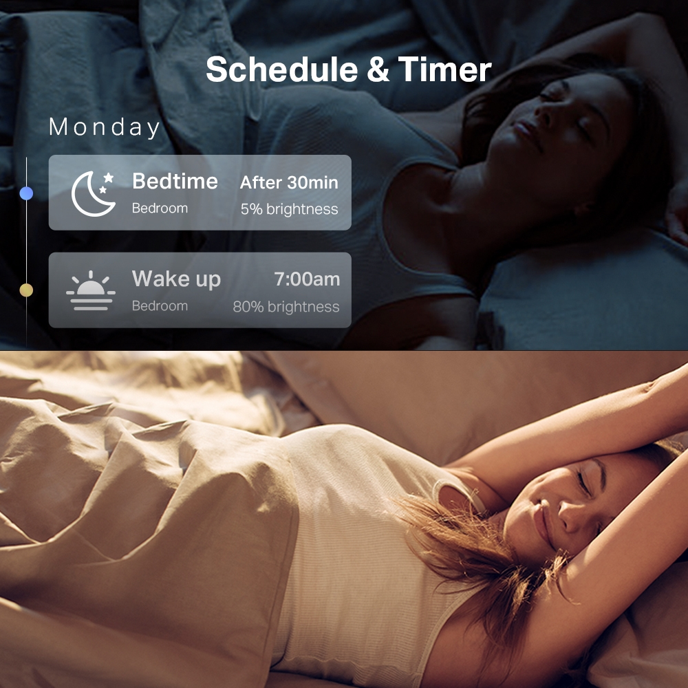 Vrouw in bed, met schema- en timerd details: Bedtijd op 5% helderheid, wakker worden op 80%.