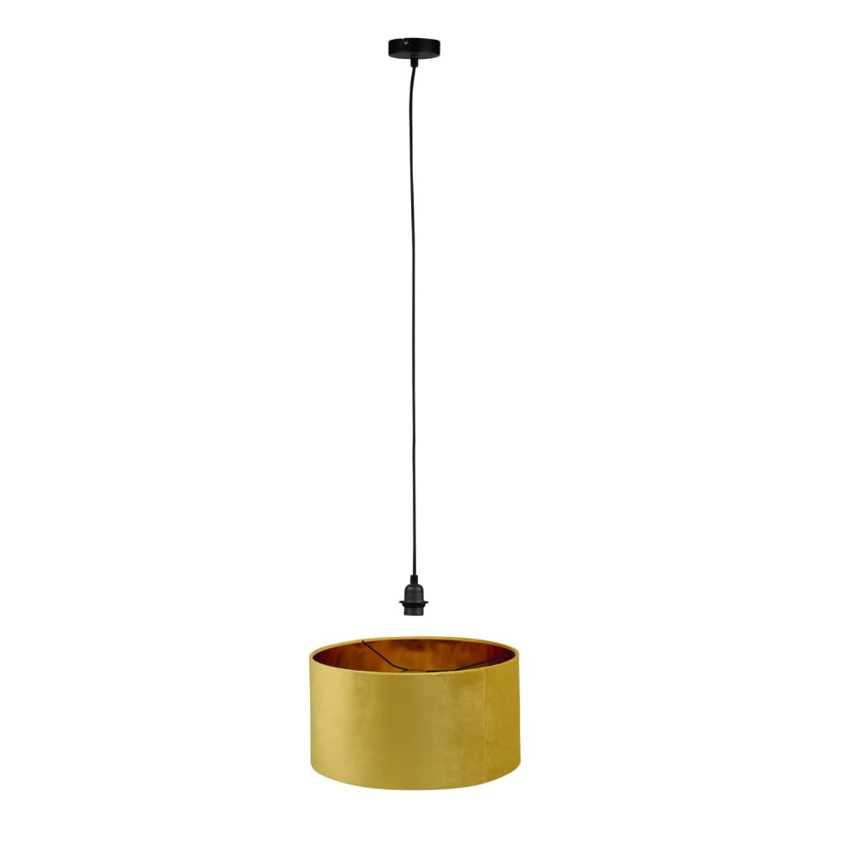 Gelber Lampenschirm mit goldenem Innenraum. Schwarzes Kabel und Deckenhalterung. Weißer Hintergrund.