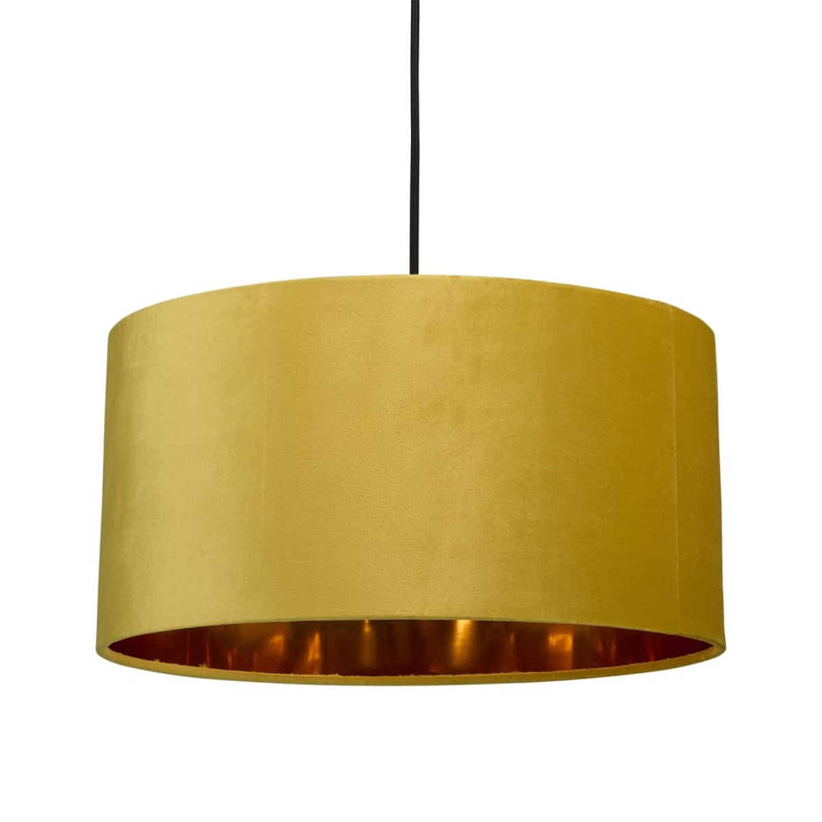 Gelber Samt-Lampenschirm, goldener Innenraum, schwarzes Hängekabel.