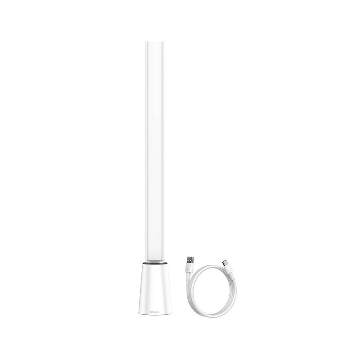 Biała lampa z długą, pionową, podświetlaną rurą i białą podstawą, z kablem USB.