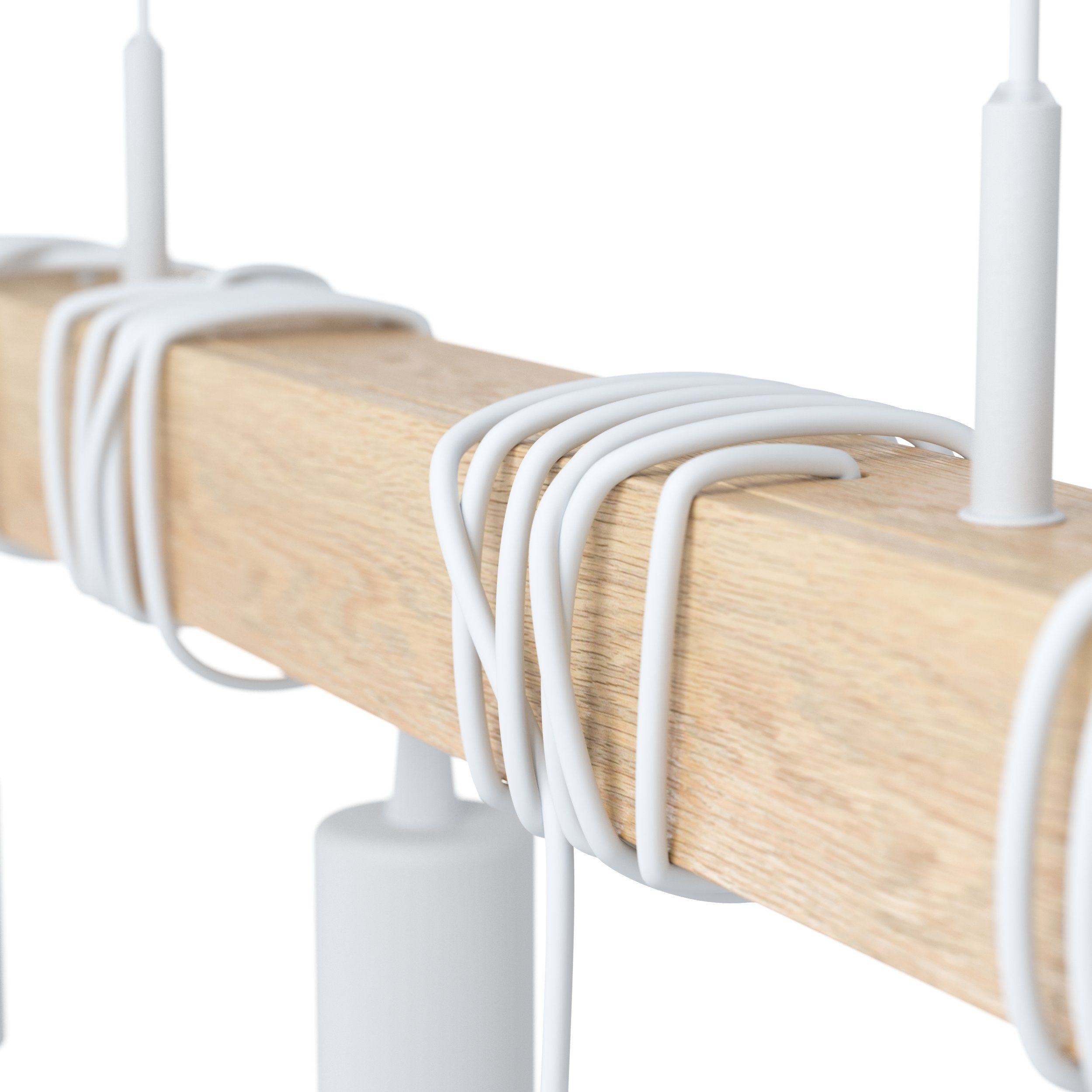 Nahaufnahme eines Holzbalkens mit weißen Drähten, die ihn umwickeln, und weißen zylindrischen Lichtern.