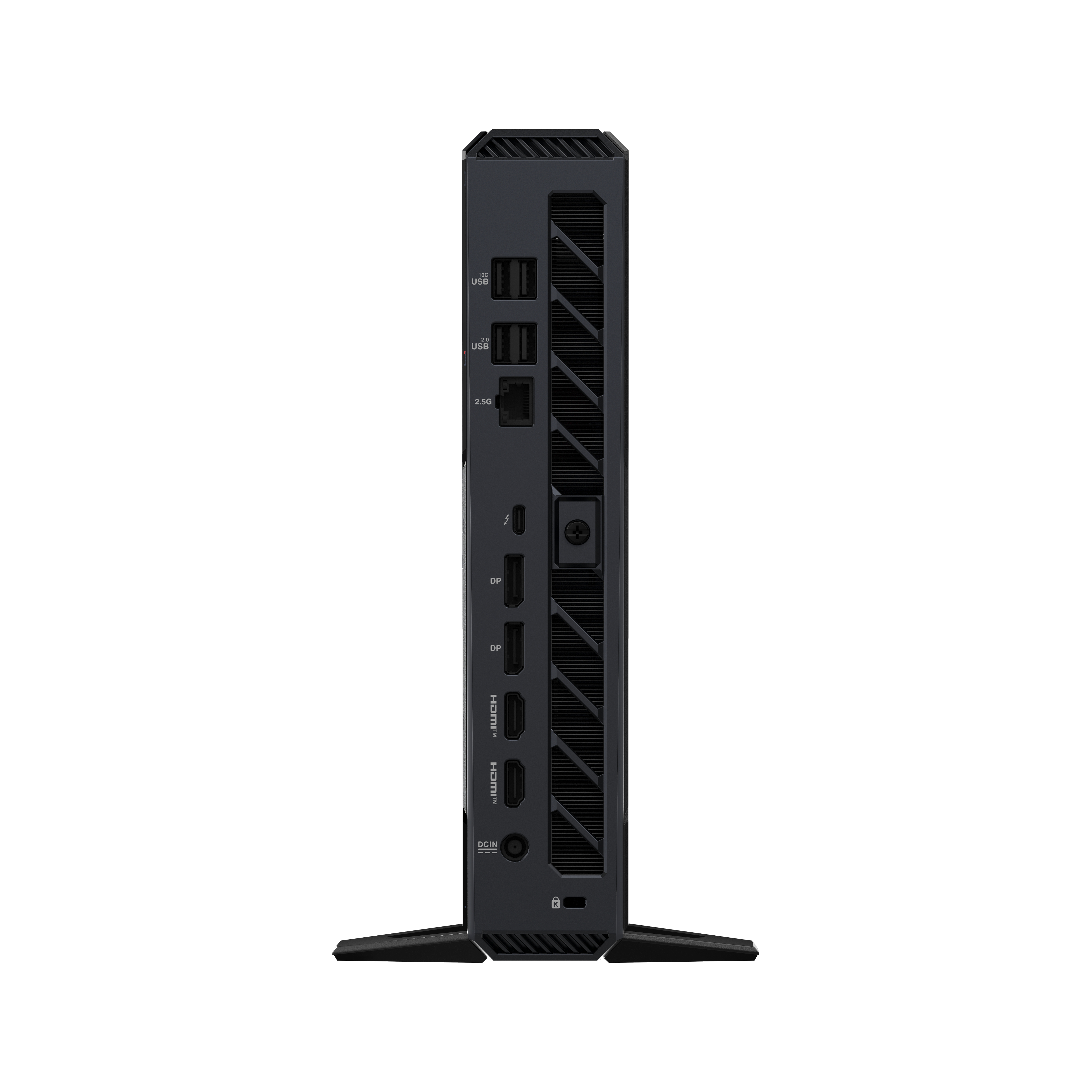 A black computer with several ports on the side, standing on a stand.