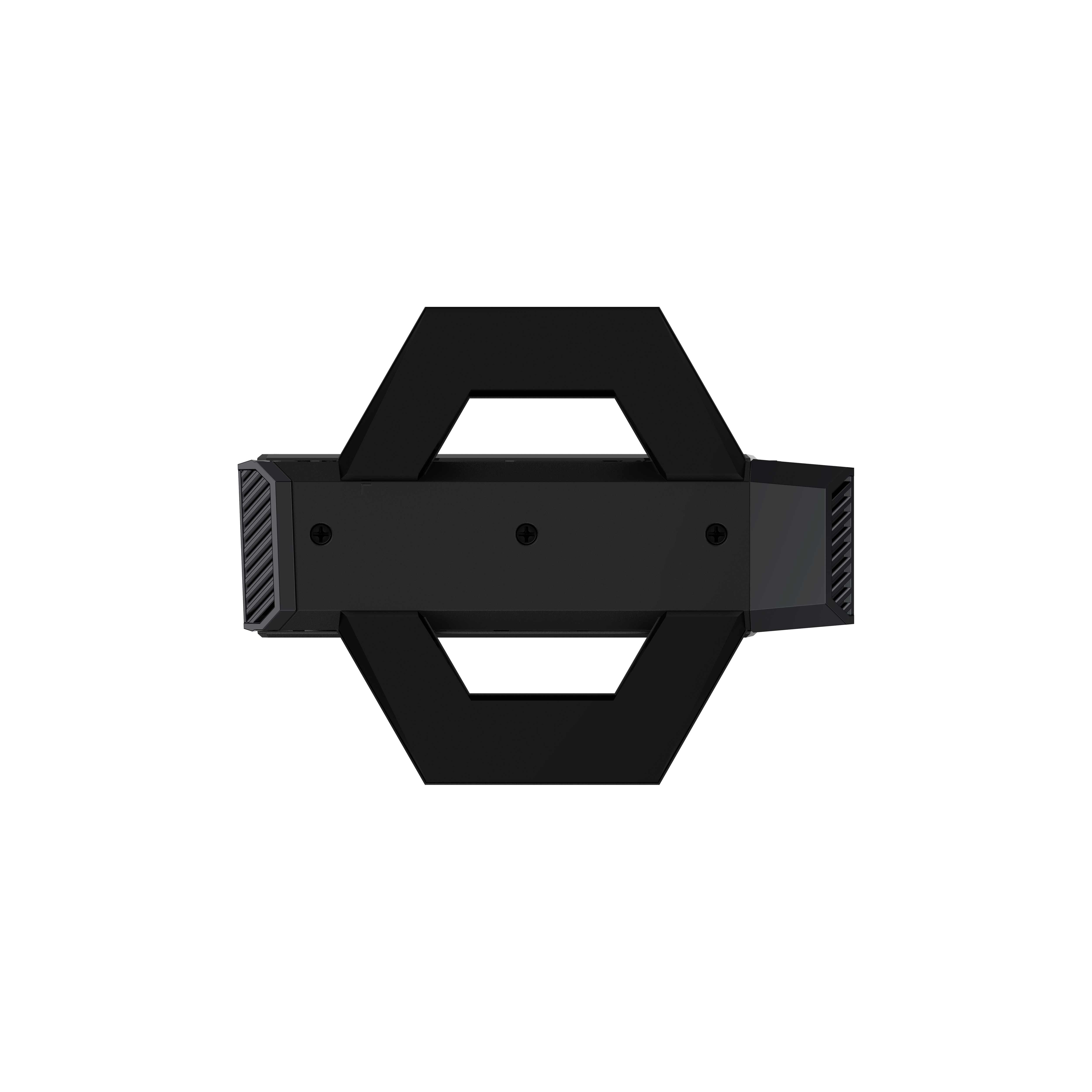 A black, hexagonal light fixture seen from directly above, against a white background.