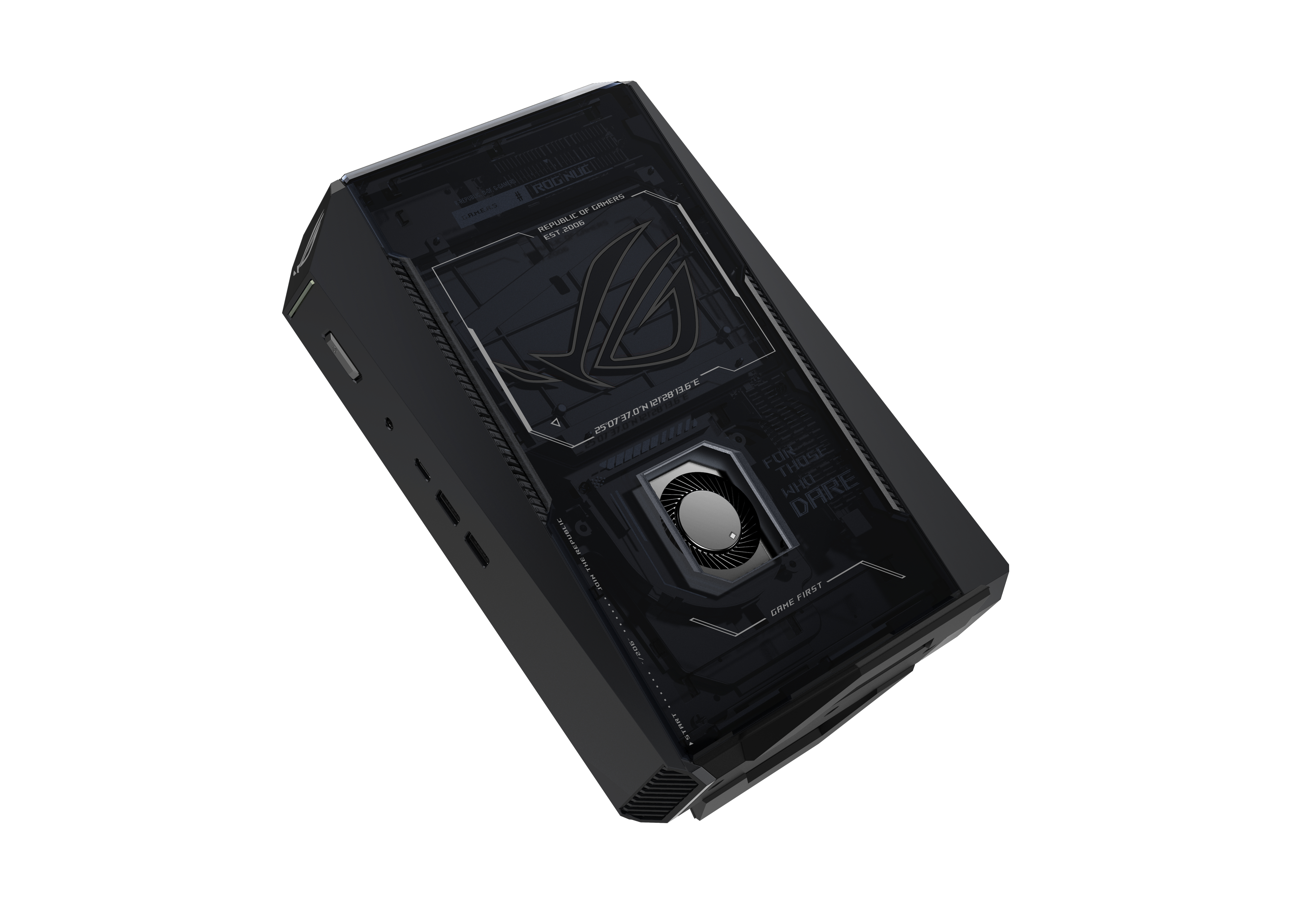 Black computer case. Shows inside components including fans and a ROG logo, with a transparent cover.