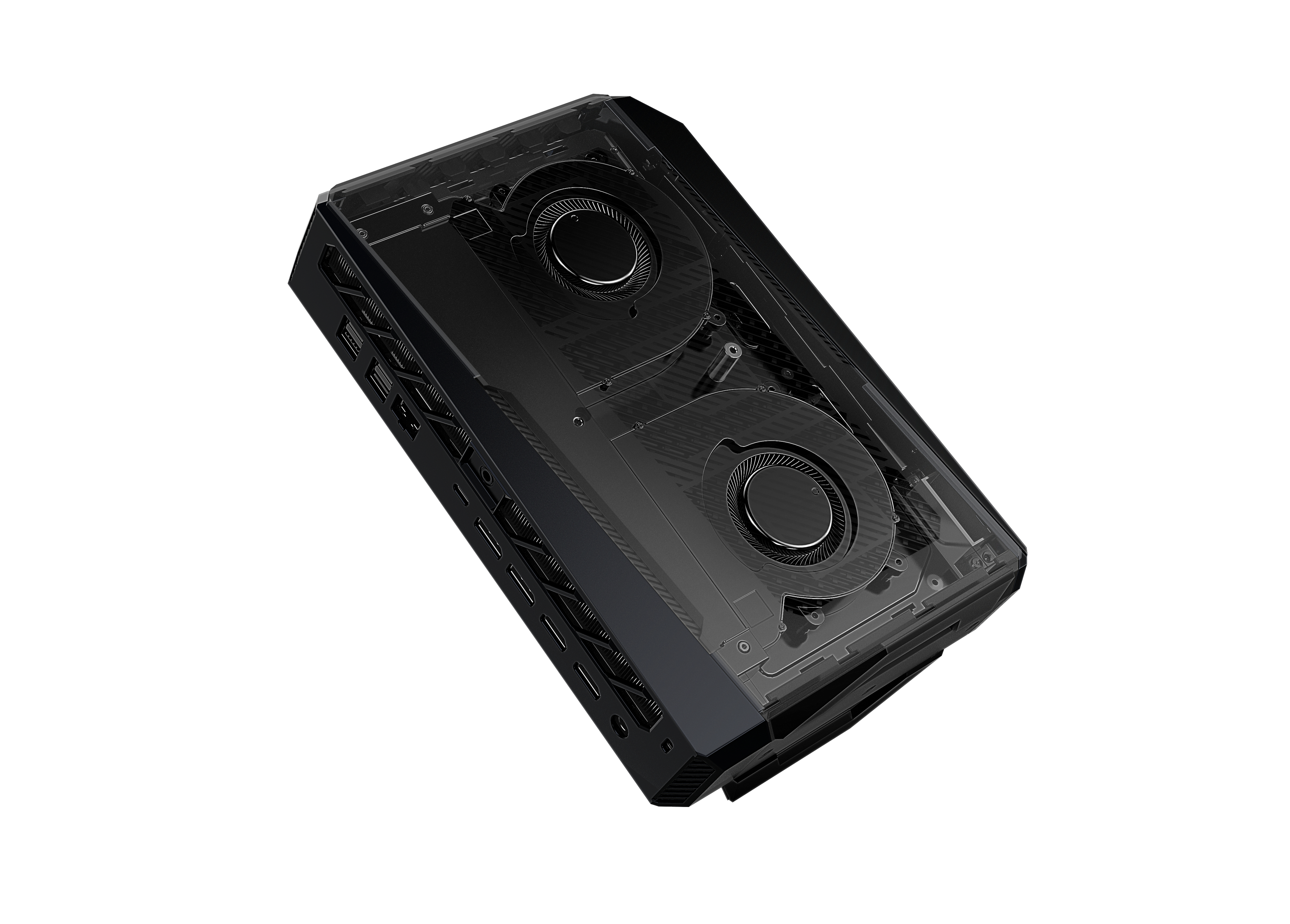 Black computer component with two fans. It has a transparent cover, revealing internal components.