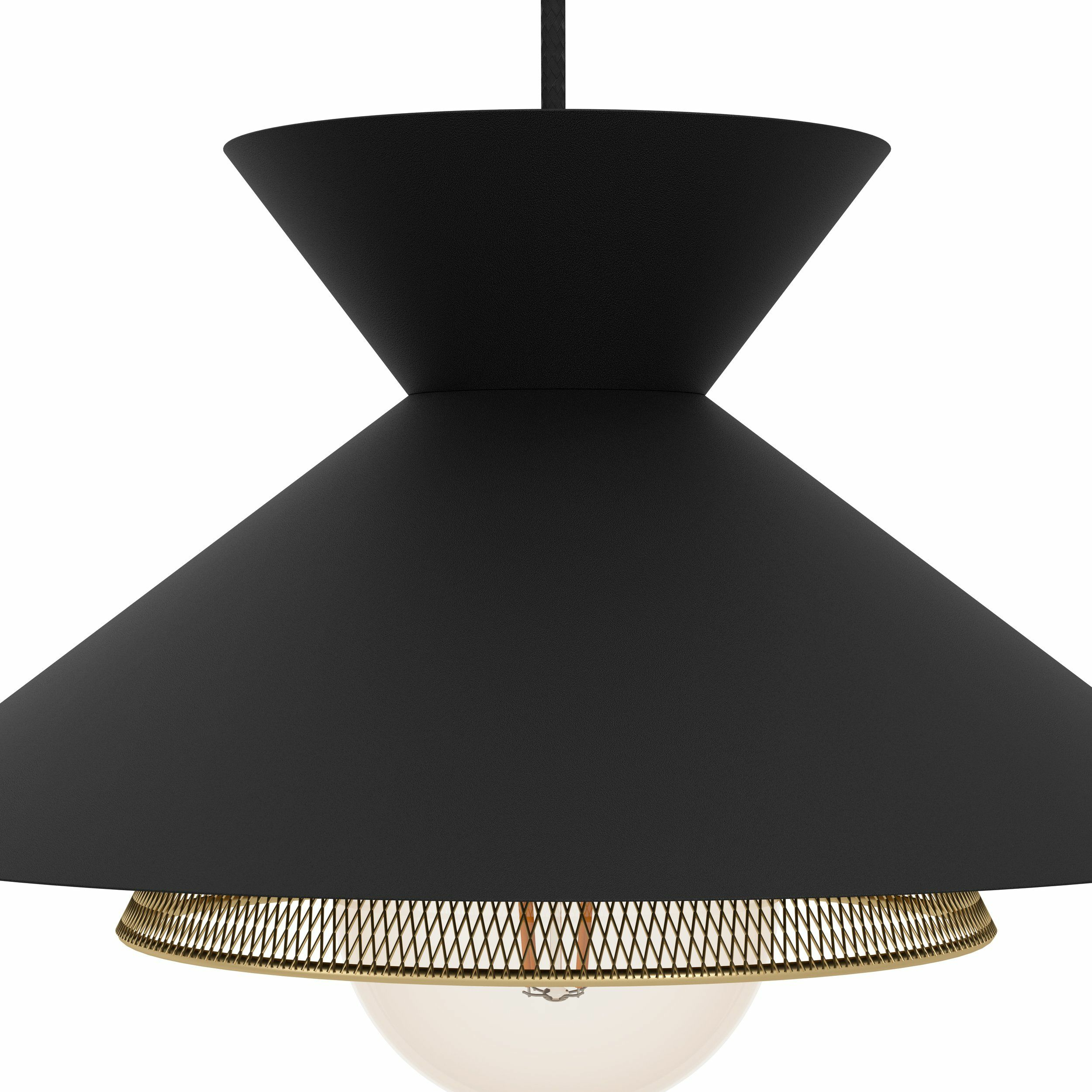 Eine schwarze Pendelleuchte mit goldfarbenem Netzteil und weißem Globus, isoliert auf weißem Hintergrund.
