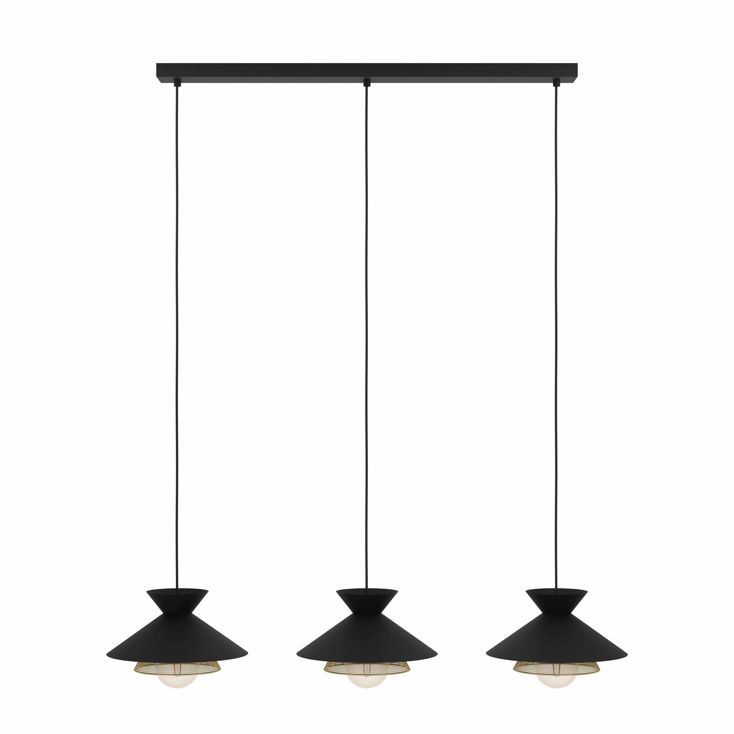 Eine schwarze Deckenlampe mit drei Pendelleuchten.