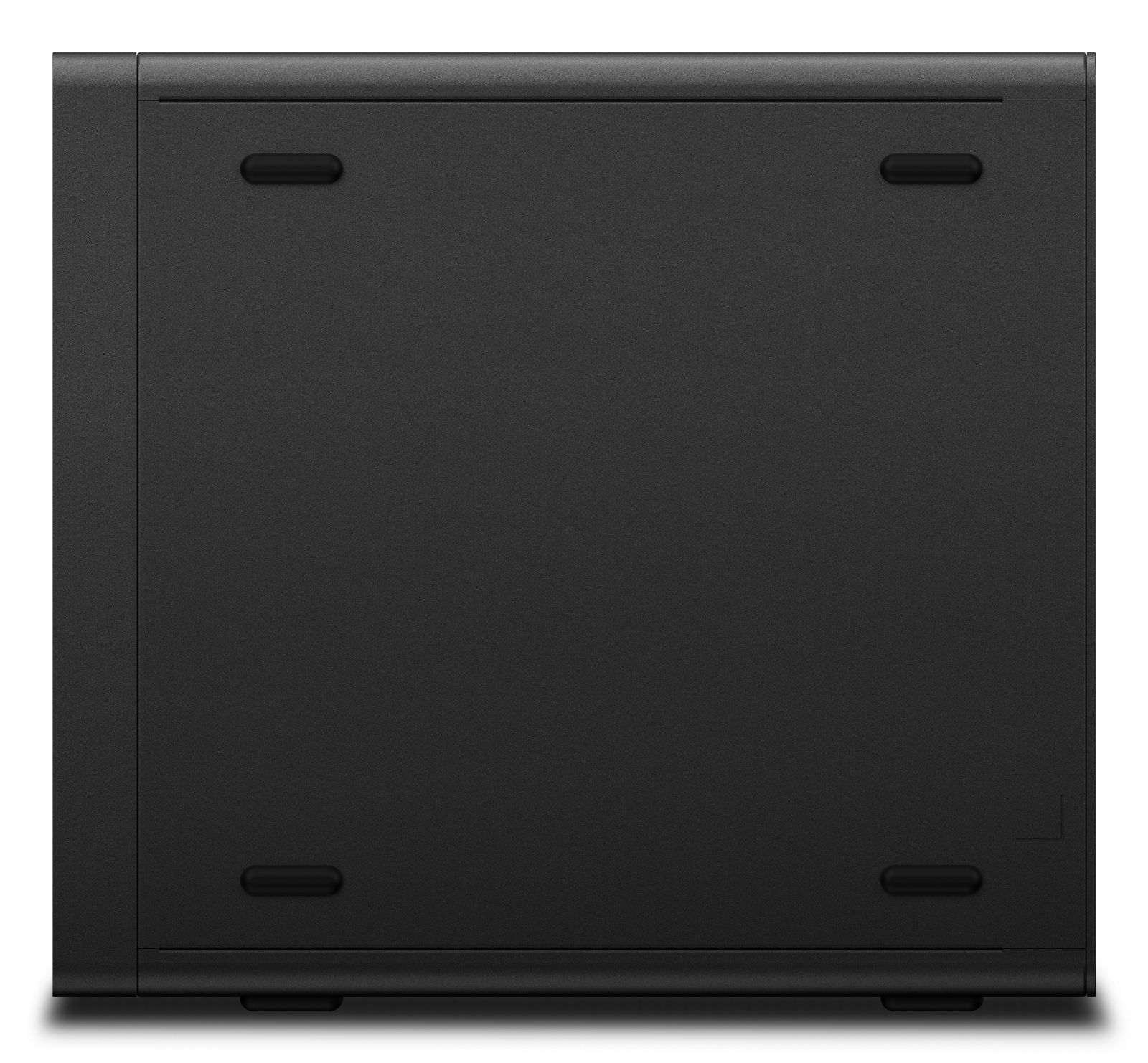 Schwarzer PC-Boden mit vier Gummifüßen, auf weißem Hintergrund.