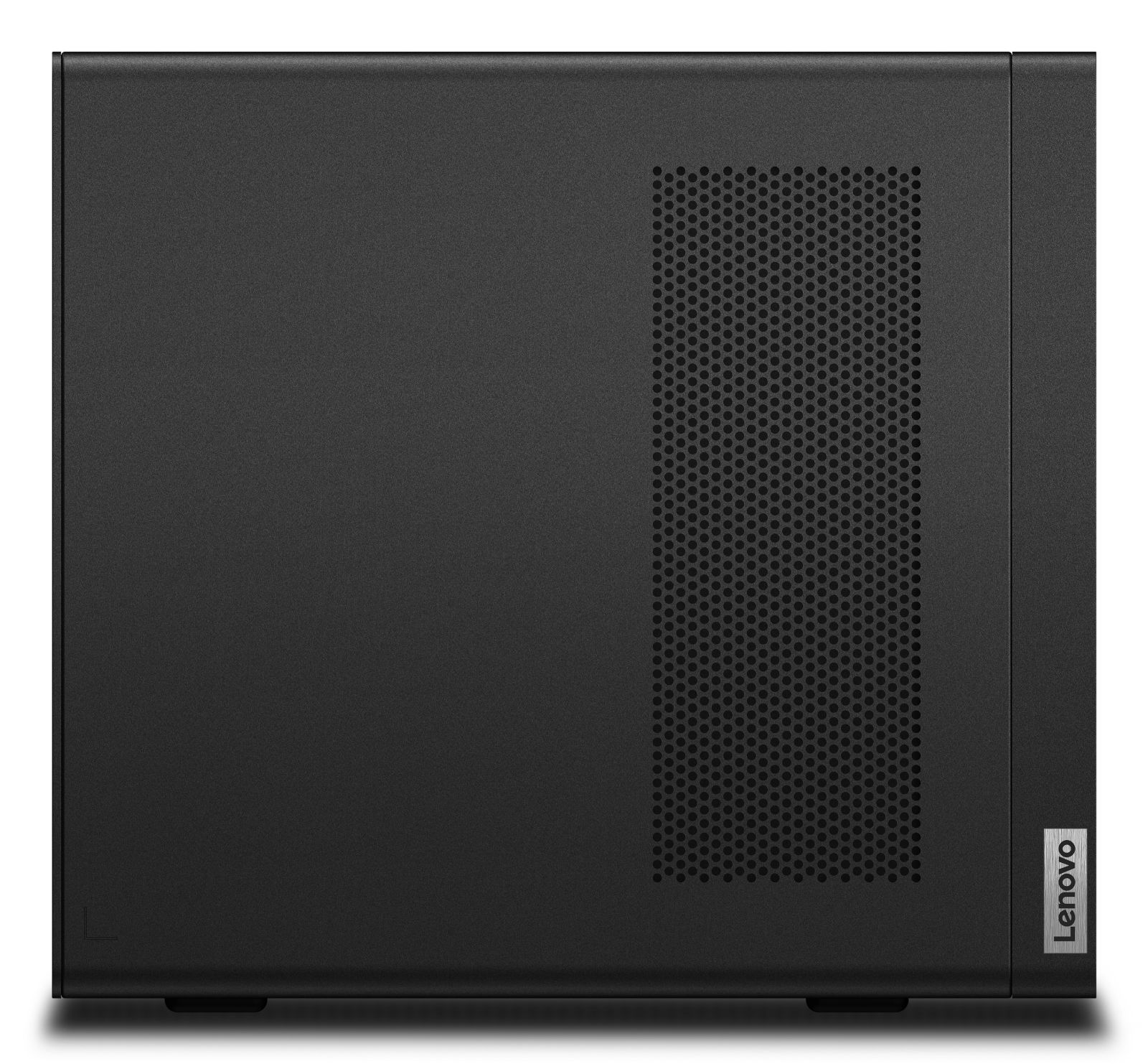 Schwarzer Lenovo PC, Seitenansicht, mit Lüftungslöchern, auf weißem Hintergrund.