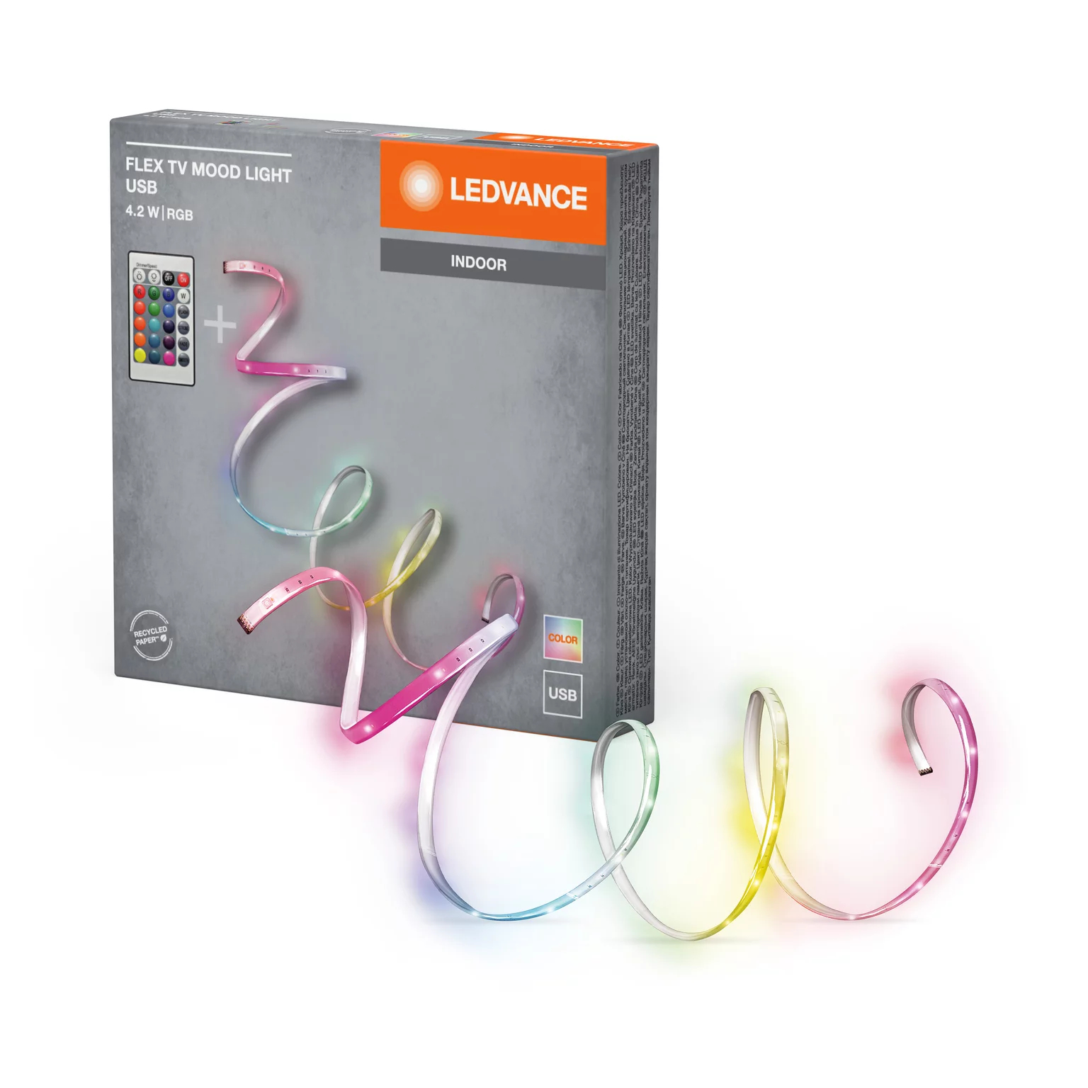 LEDVANCE LED-Streifen in einer Box mit Fernbedienung und RGB-Farben.