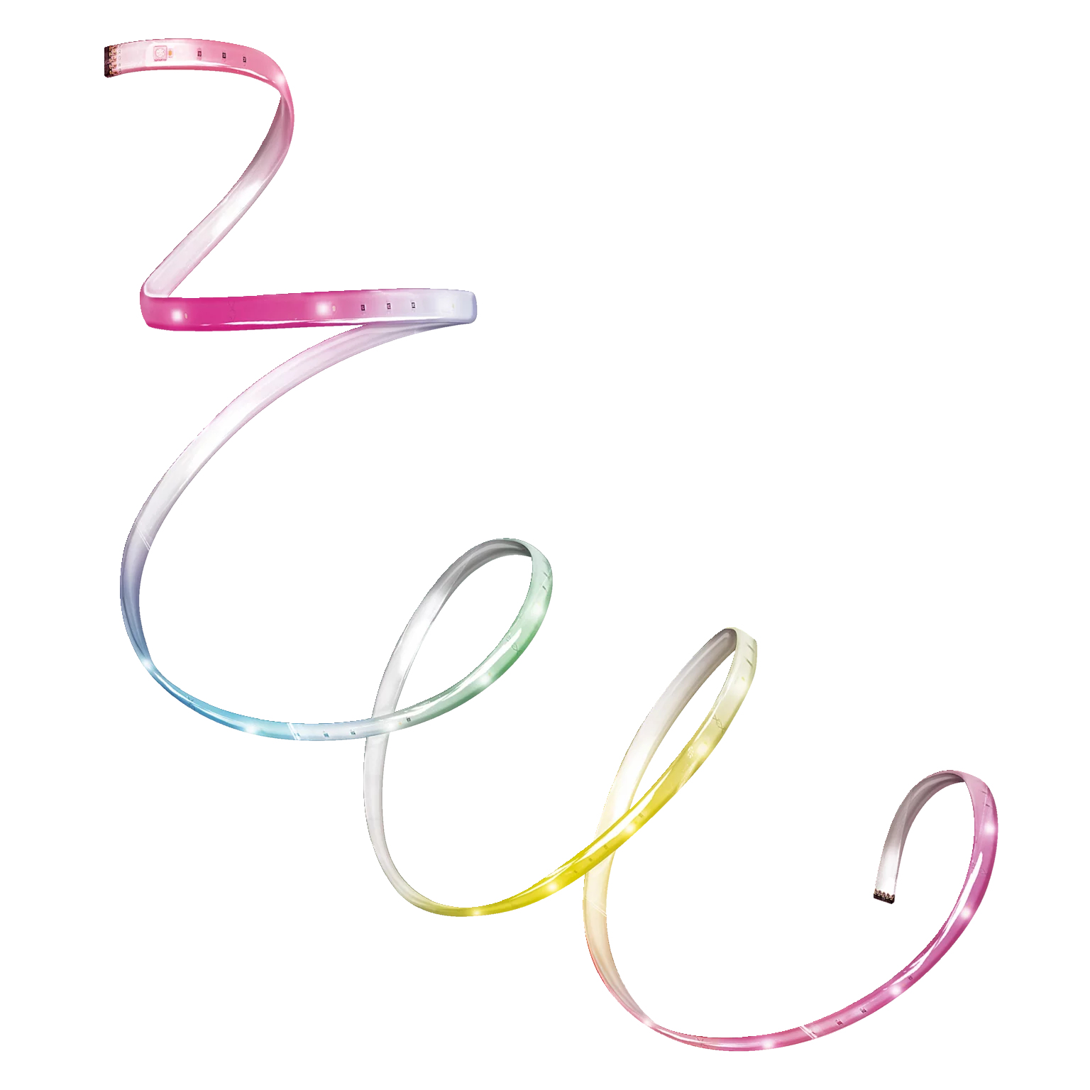 Flexibler LED-Streifen mit Farbverläufen, gewickelt. Rosa, blau, grün, gelb und rosa Farben.