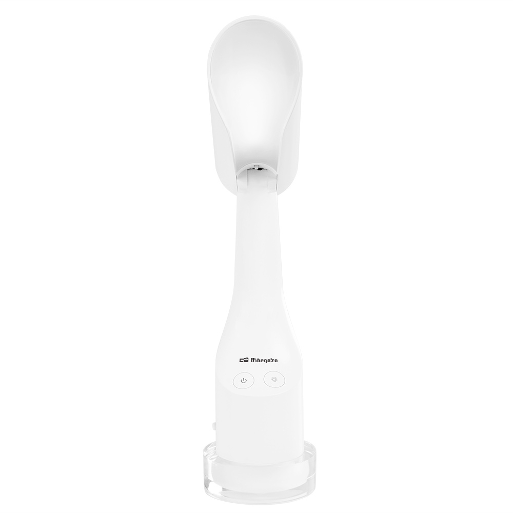 Lámpara de escritorio blanca con brazo y base curvos, y dos botones de control.