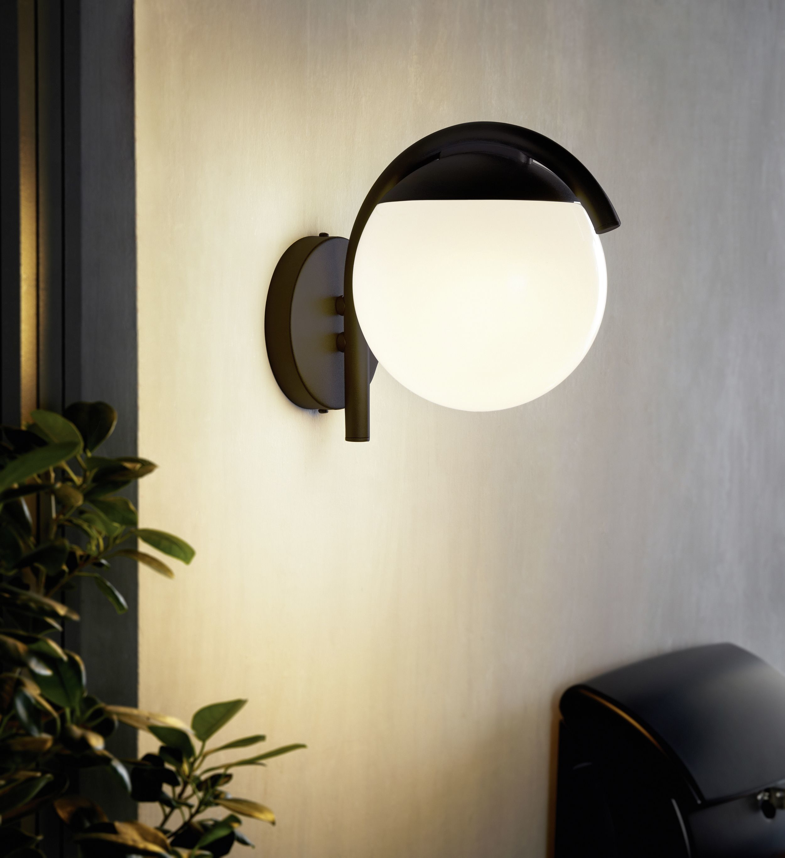 Schwarze Wandlampe mit weißem Globus, an einer beigefarbenen Wand, neben grünen Blättern.
