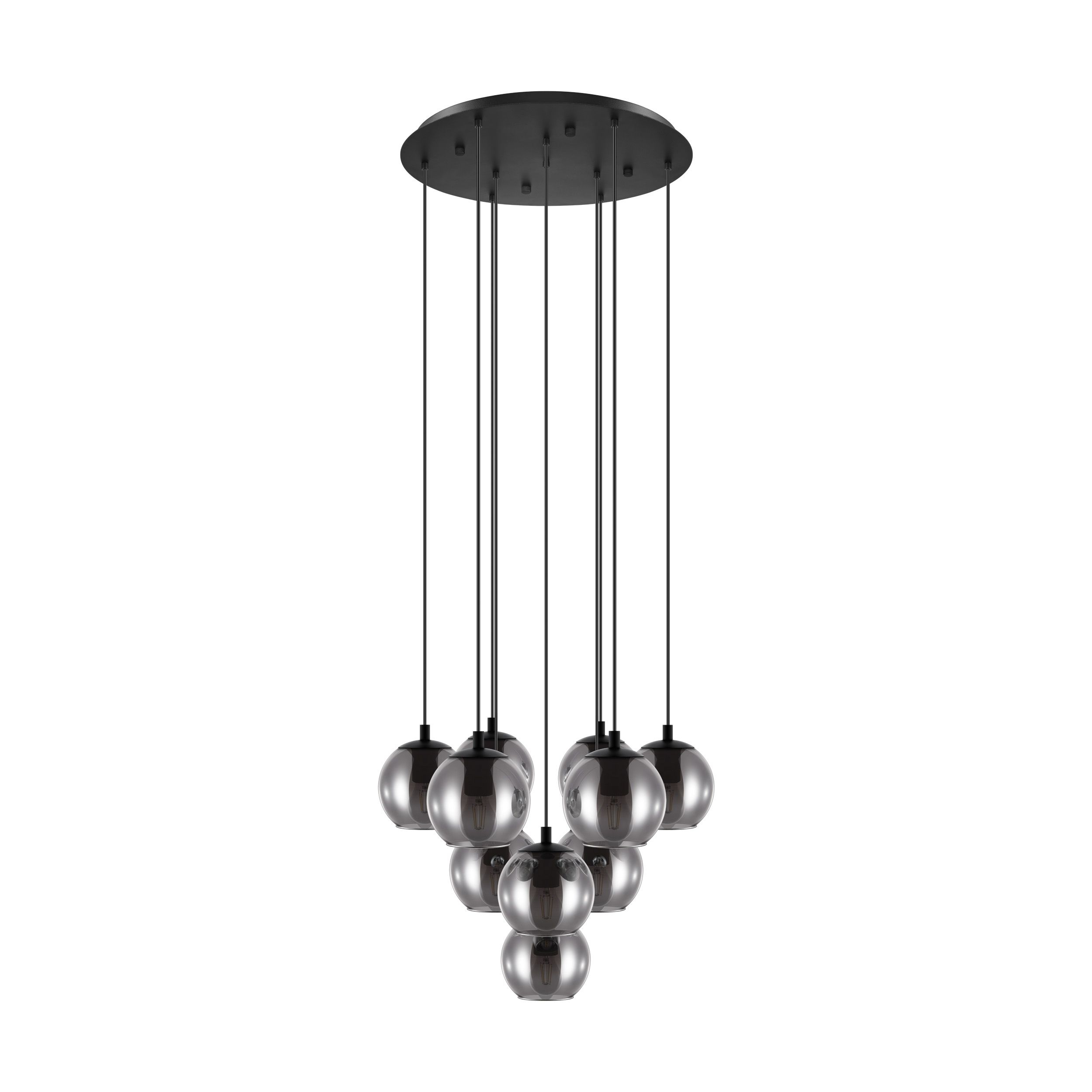 Un lampadario nero con sette luci a globo argentate sospese da una placca a soffitto rotonda.