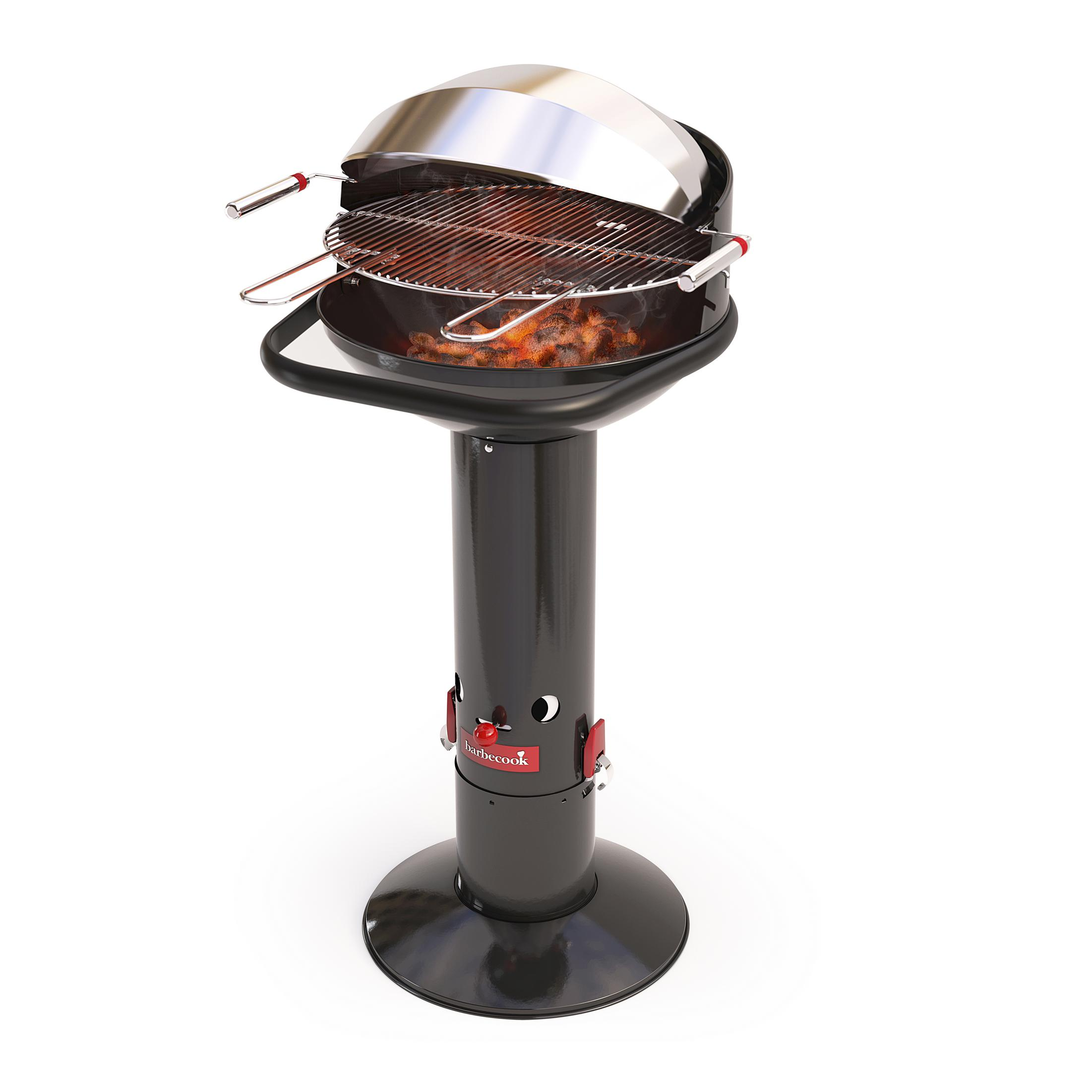 Schwarzer Grill auf einem Ständer, mit offenem Deckel, sichtbare Koch-Elemente.