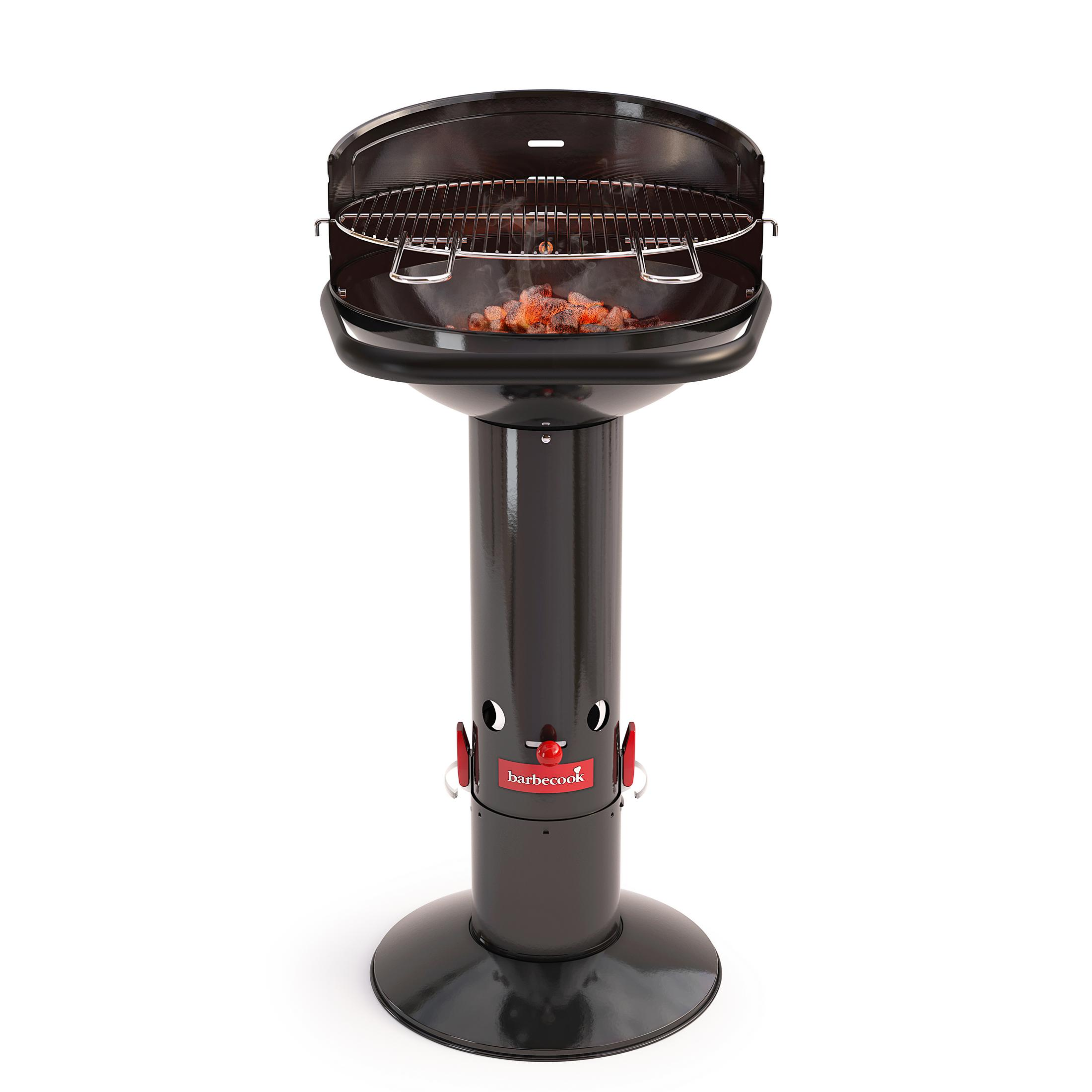 Schwarzer Barbecook Grill auf einem Ständer mit brennender Holzkohle. Rote Details. Weißer Hintergrund.