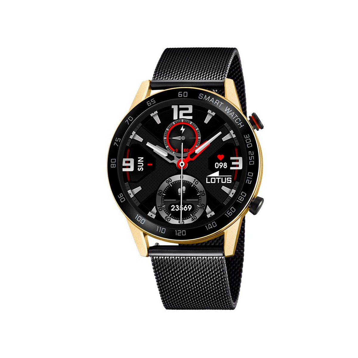 Goldene und schwarze Smartwatch mit schwarzem Mesh-Armband. Das Zifferblatt zeigt Zeit und andere Metriken.